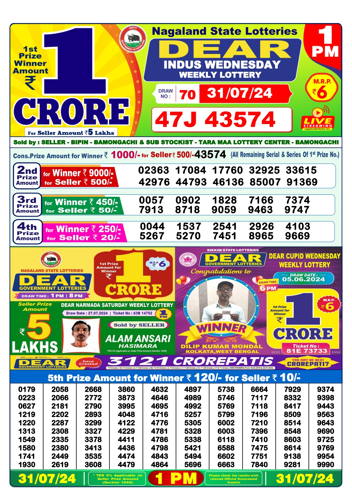 Dear  Lottery 1PM Result 31 july 24