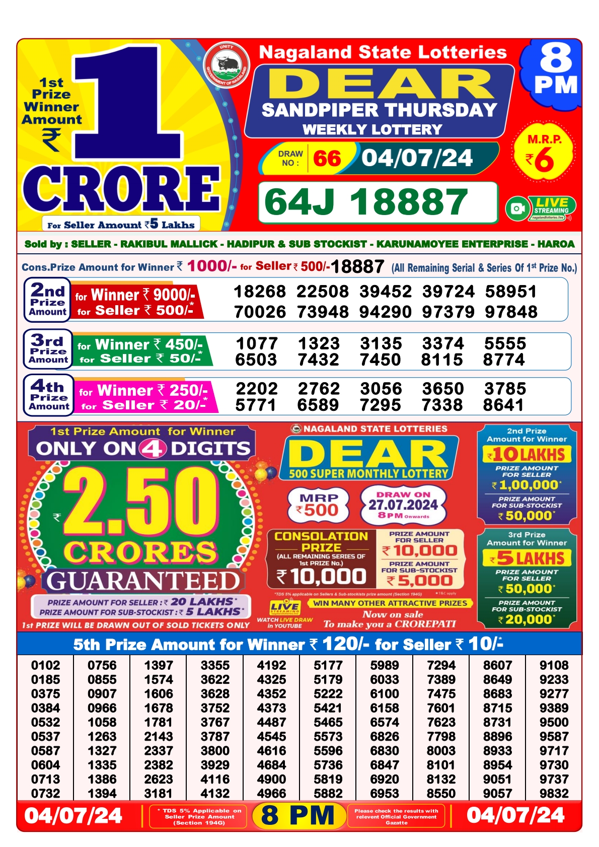 Dear  Lottery 8PM Result 4 july 24