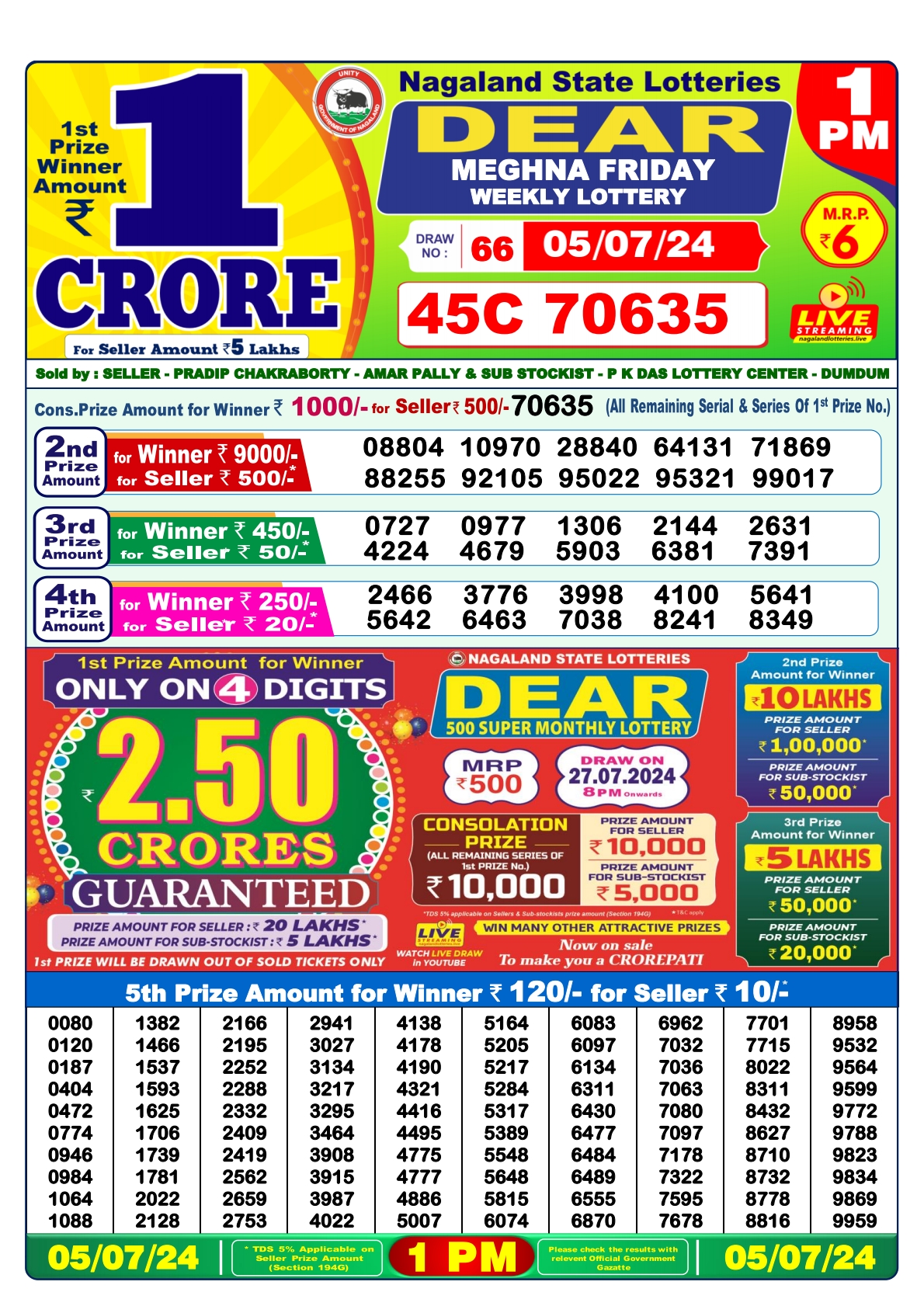 Dear  Lottery 1PM Result 5 july 24