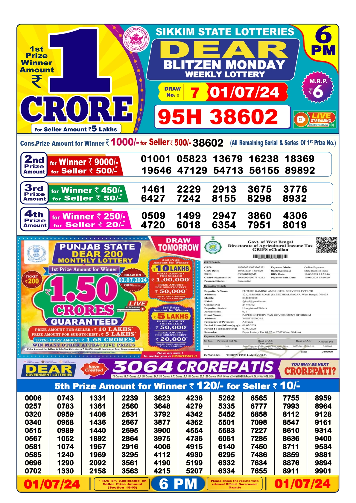 Dear lottery result 6pm result 1 july 24