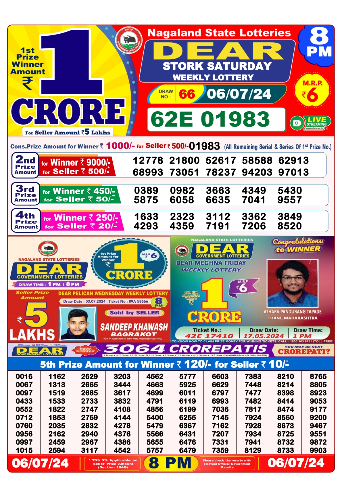 Dear  Lottery 8PM Result 6 july 24