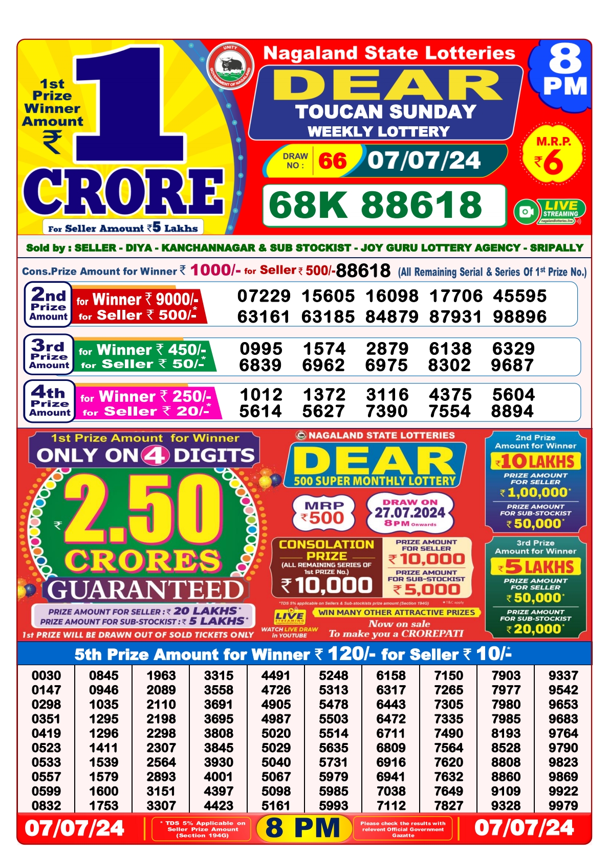 Dear  Lottery 8PM Result 7 july 24