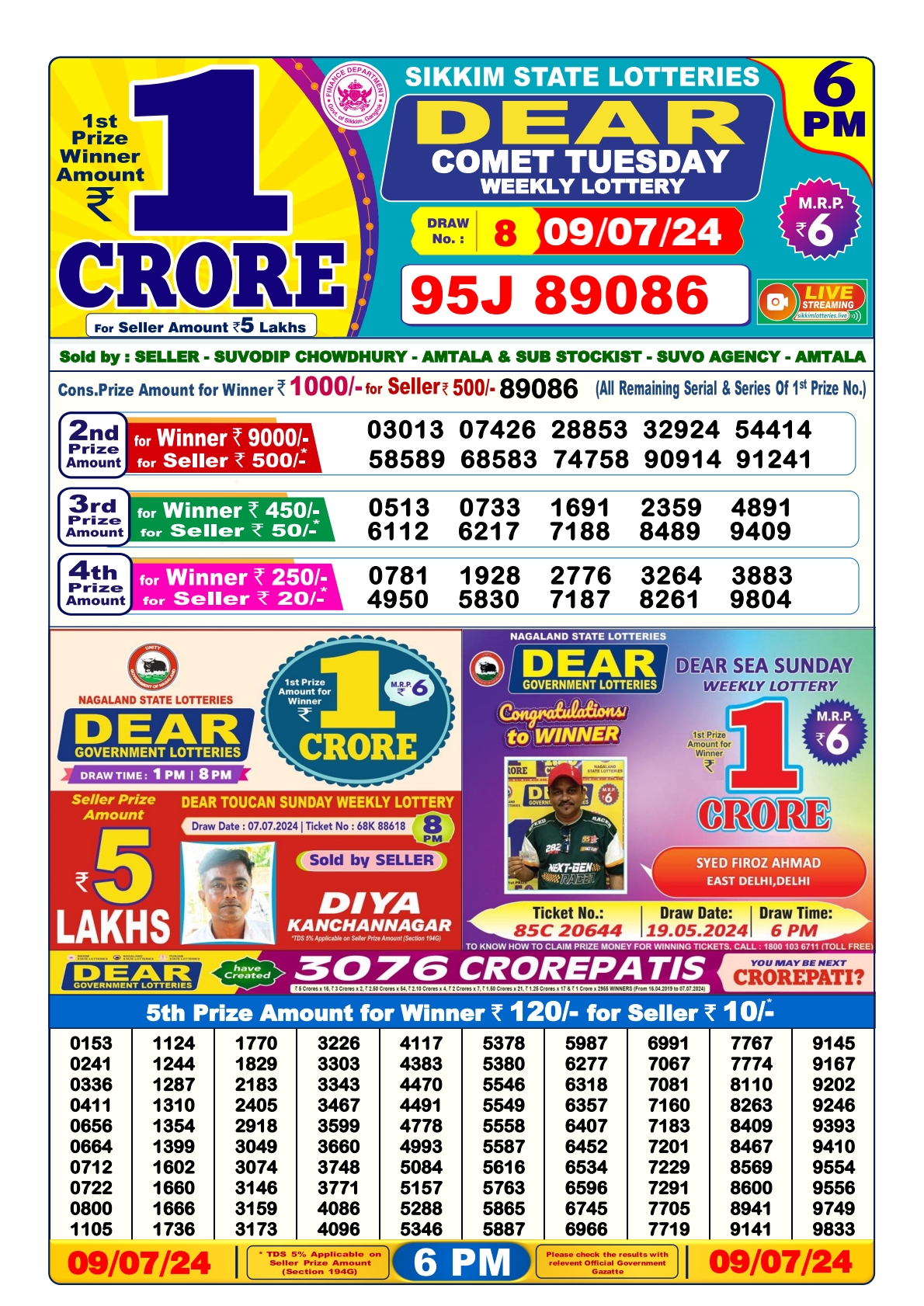 Dear lottery result 6pm result 9 july 24