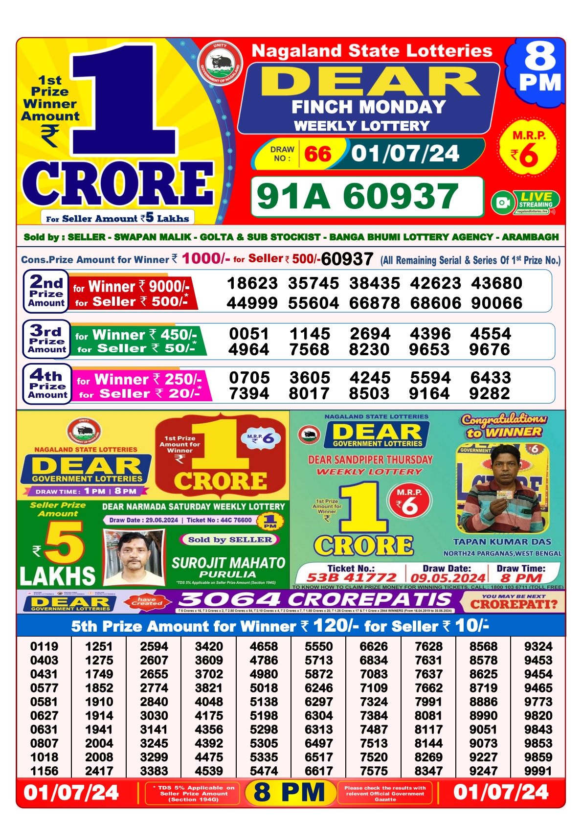 Dear  Lottery 8PM Result 1 july 24