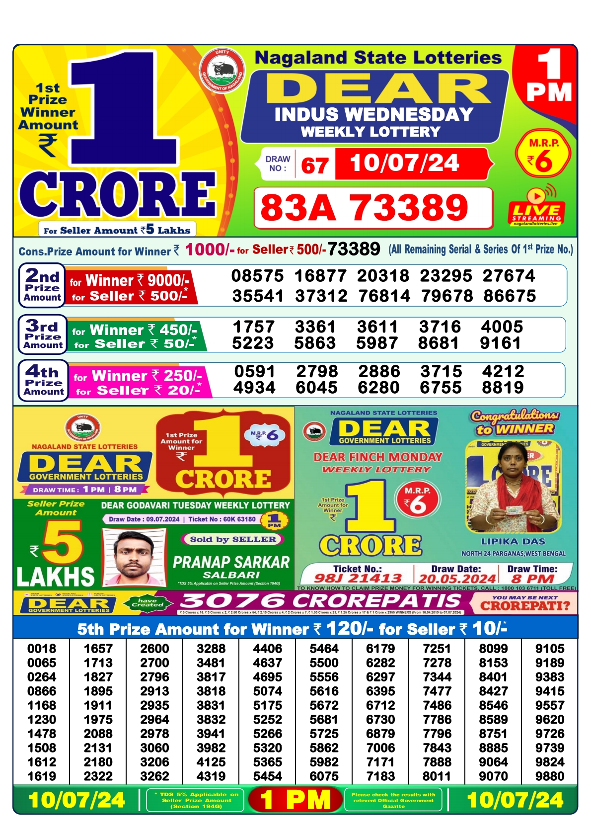 Dear  Lottery 1PM Result 10 july 24