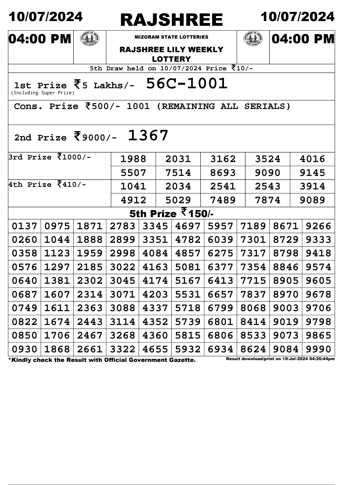 Rajshree  Daily Lottery 4PM Result 10 july 24