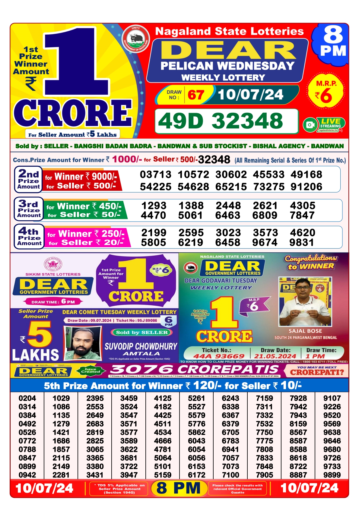 Dear  Lottery 8PM Result 10 july 24