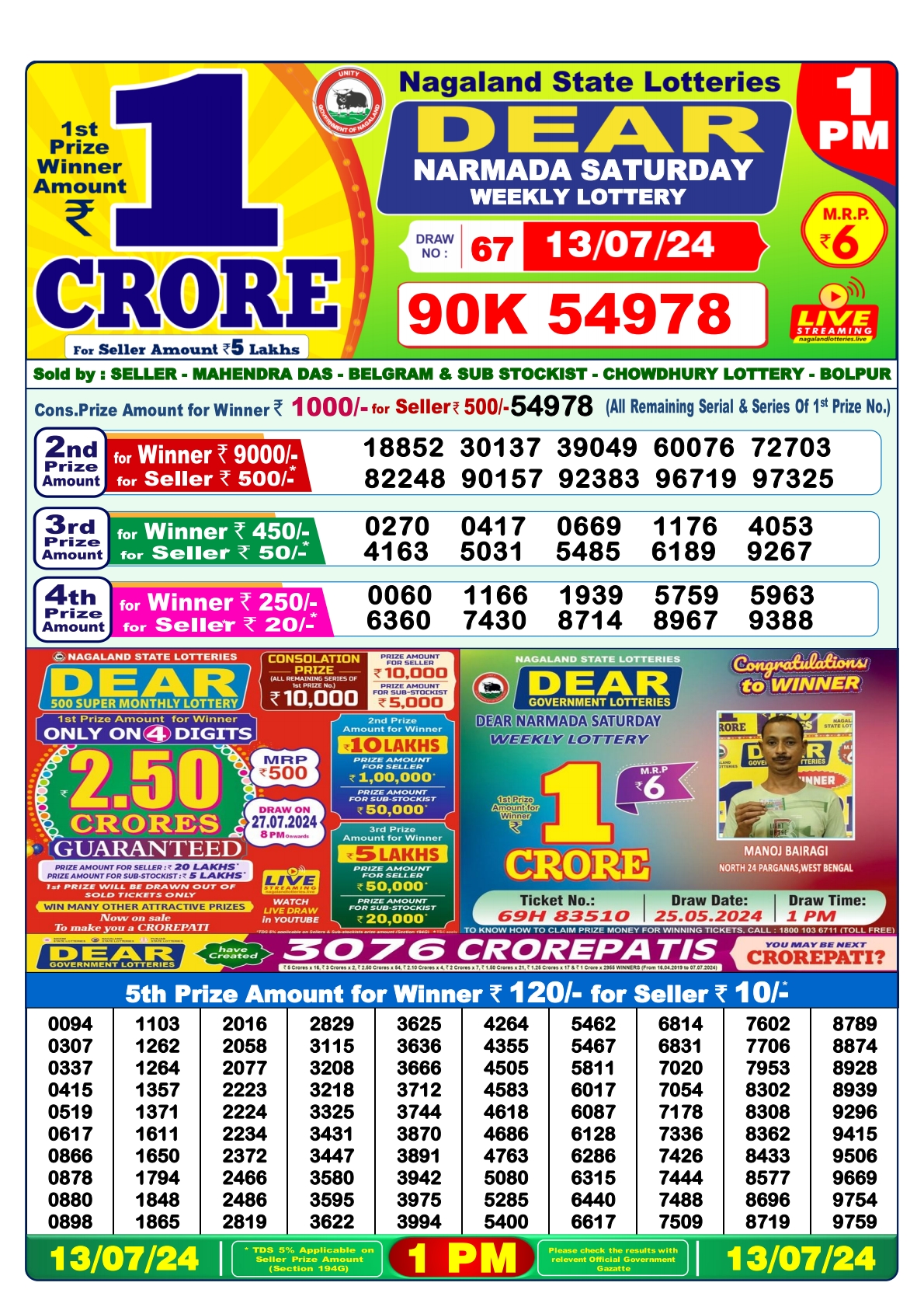 Dear  Lottery 1PM Result 13 july 24