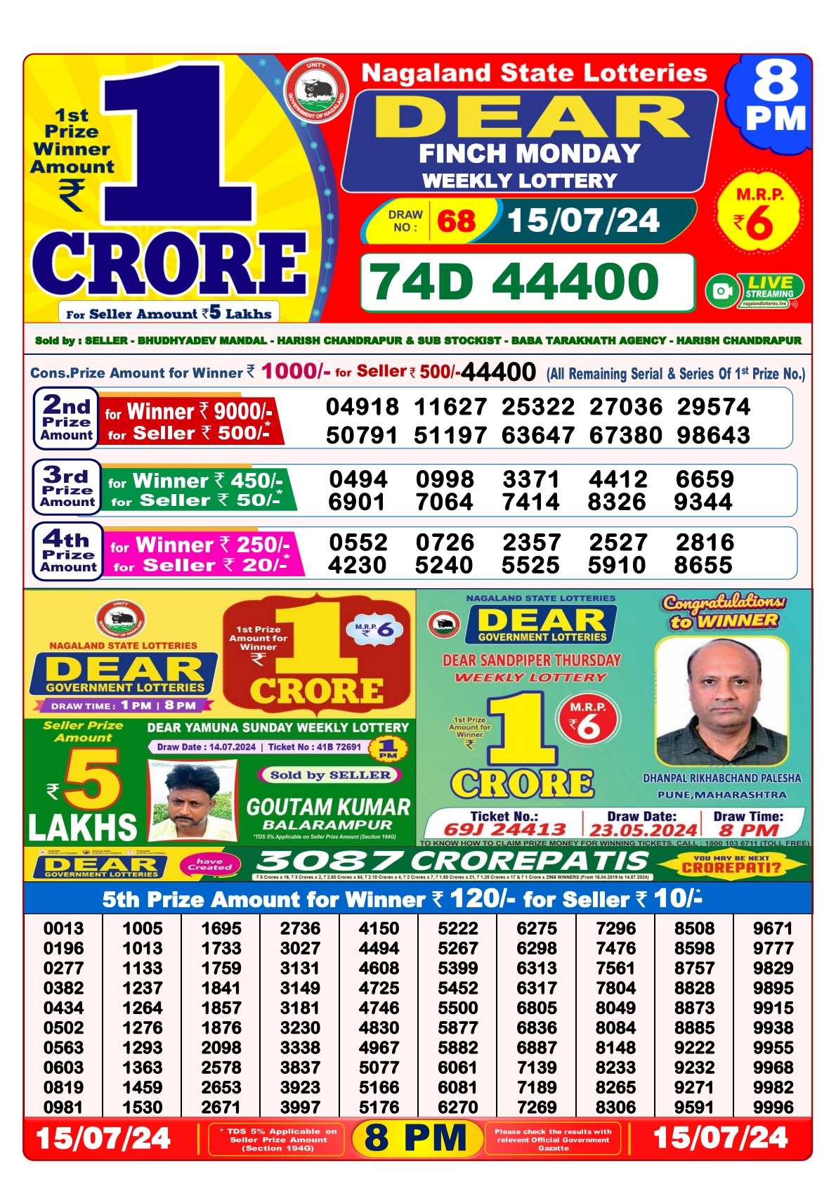 Dear  Lottery 8PM Result 15july 24