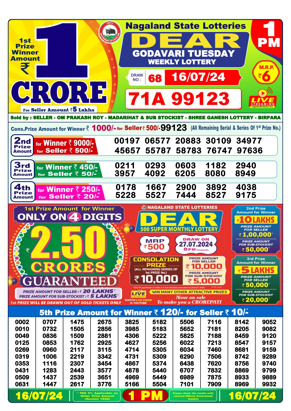 Dear  Lottery 1PM Result 16 july 24