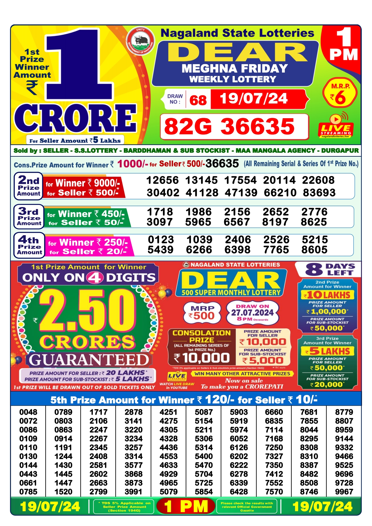 Dear  Lottery 1PM Result 19 july 24