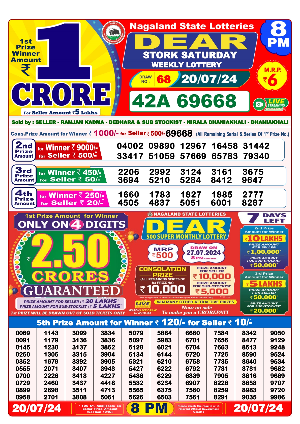 Dear  Lottery 8PM Result 20july 24