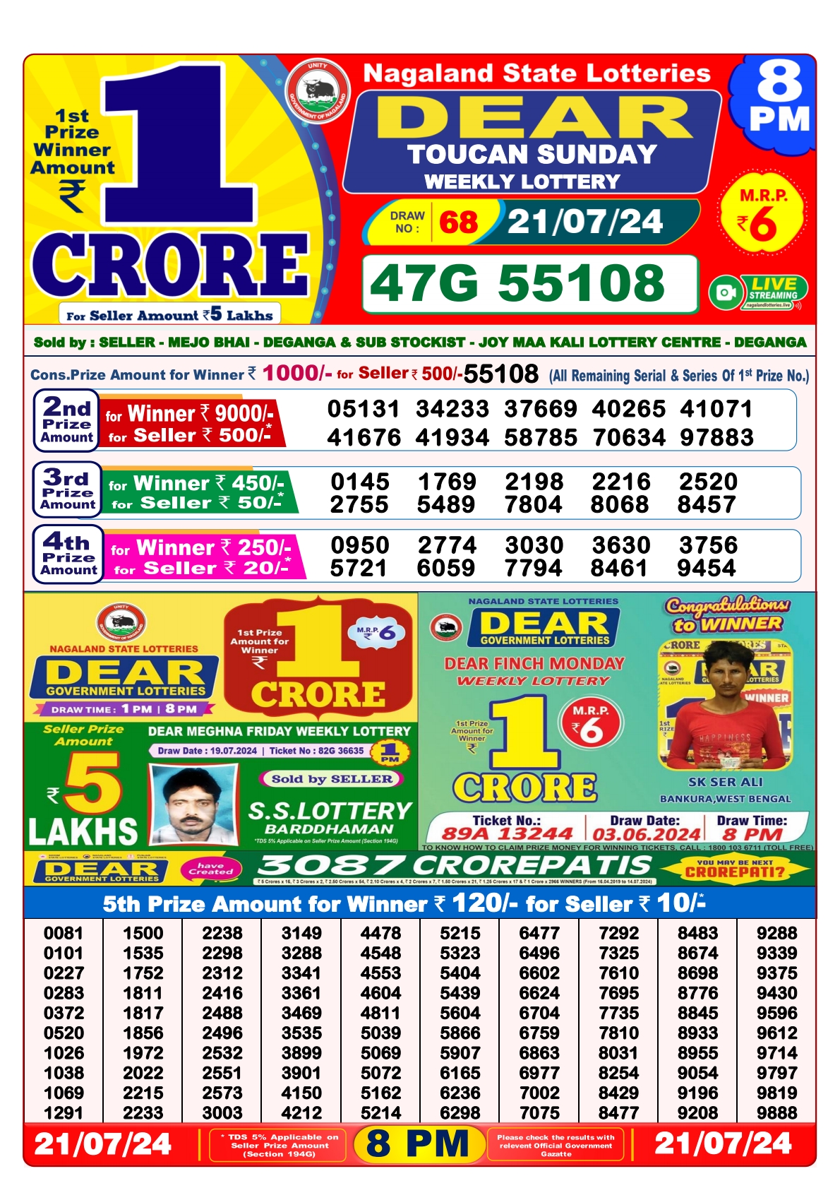 Dear  Lottery 8PM Result 21july 24