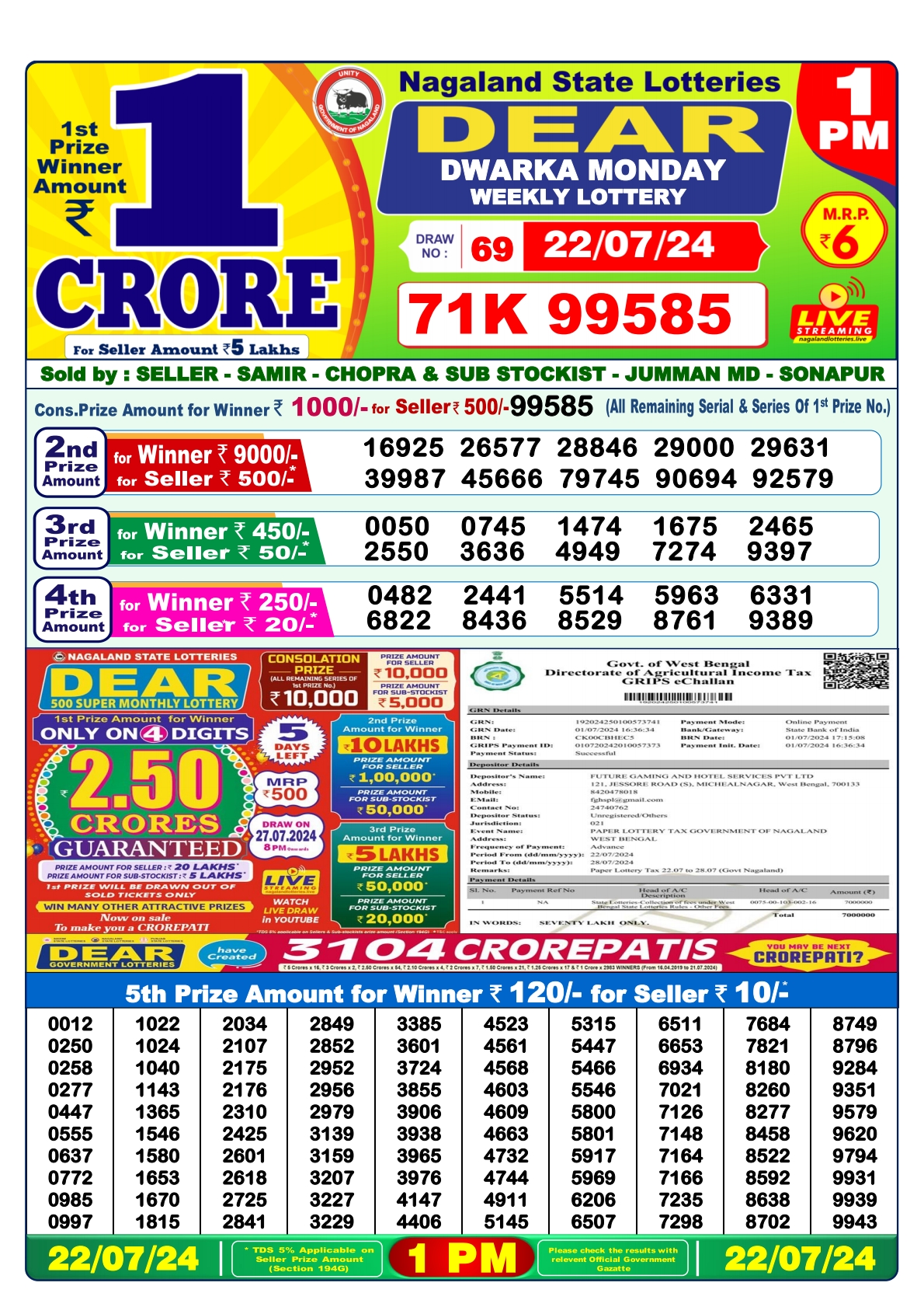 Dear  Lottery 1PM Result 22 july 24