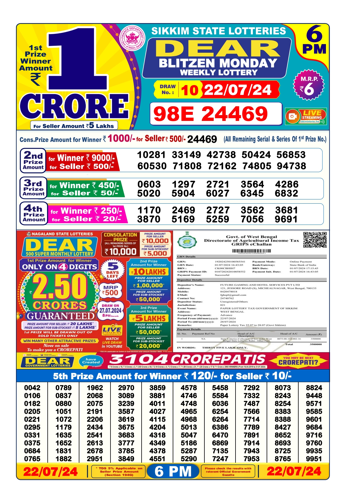 Dear lottery result 6pm result 22july 24