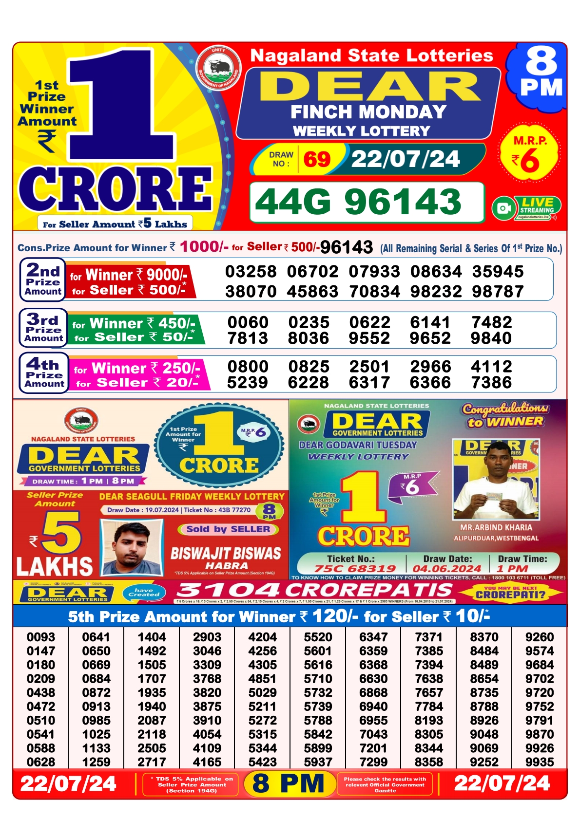 Dear  Lottery 8PM Result 22july 24