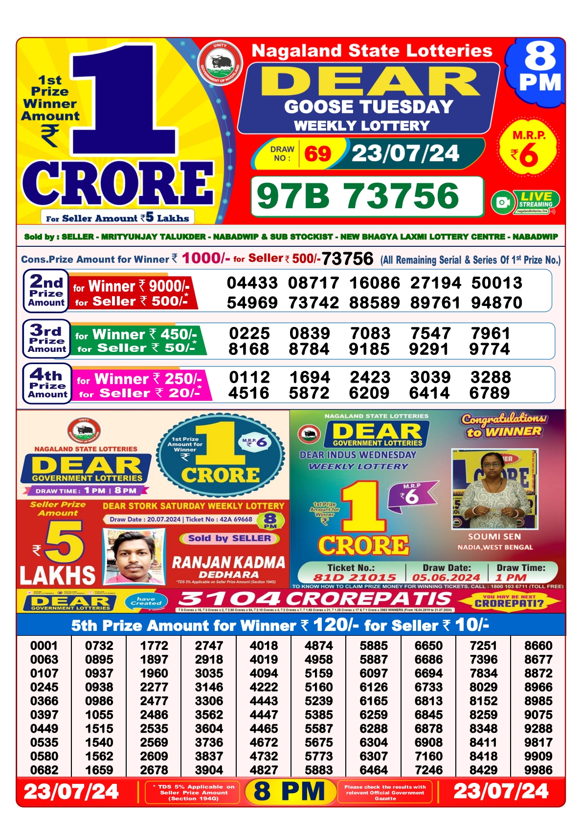 Dear  Lottery 8PM Result 23july 24