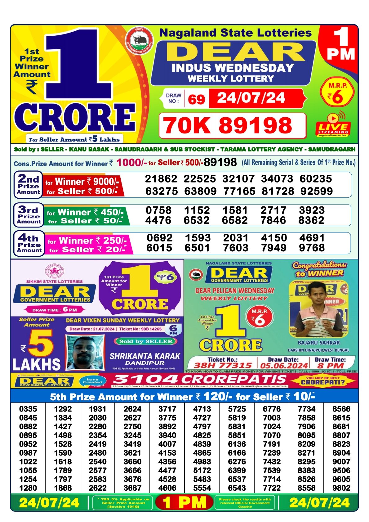 Dear  Lottery 1PM Result 24 july 24