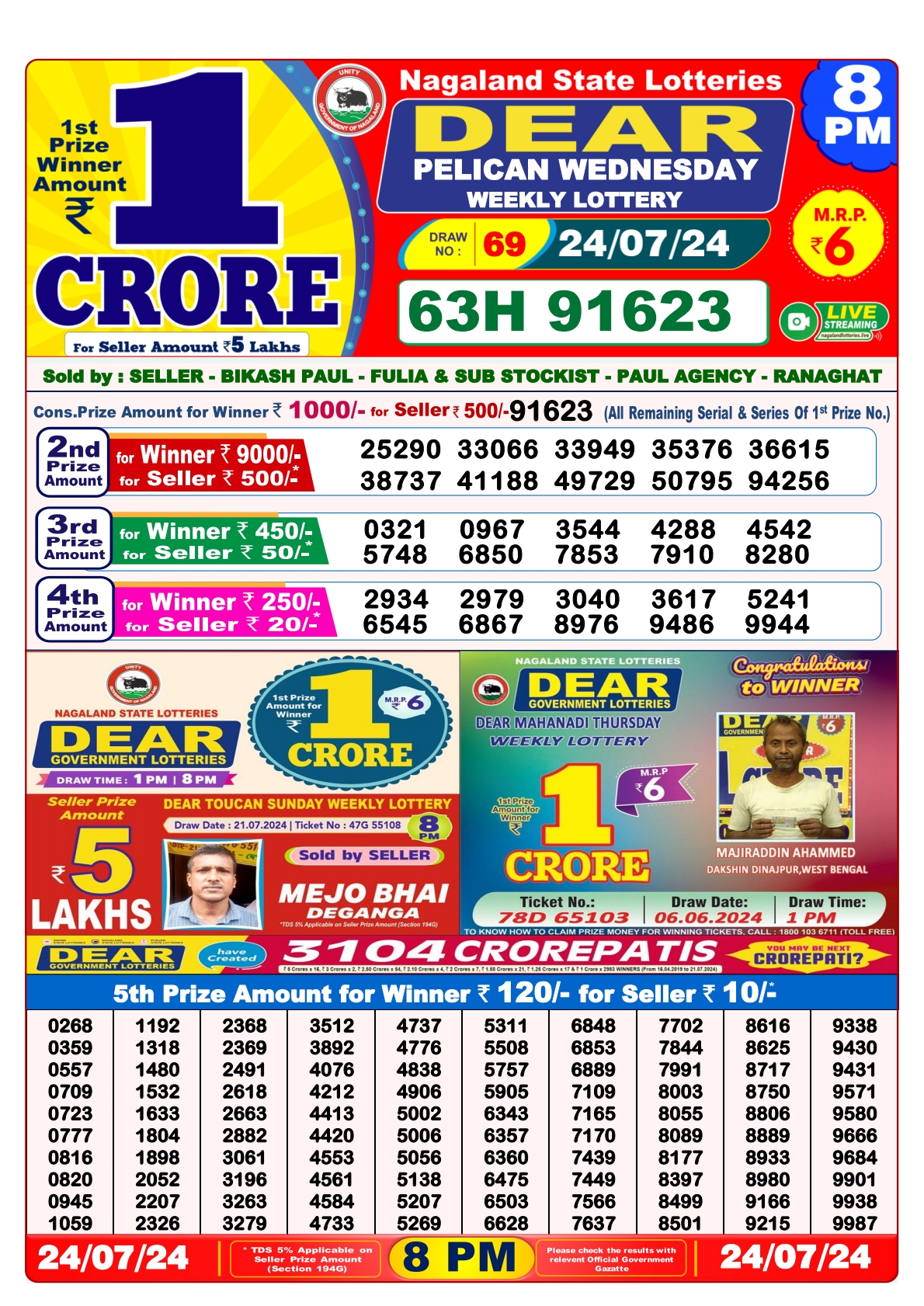 Dear  Lottery 8PM Result 24july 24