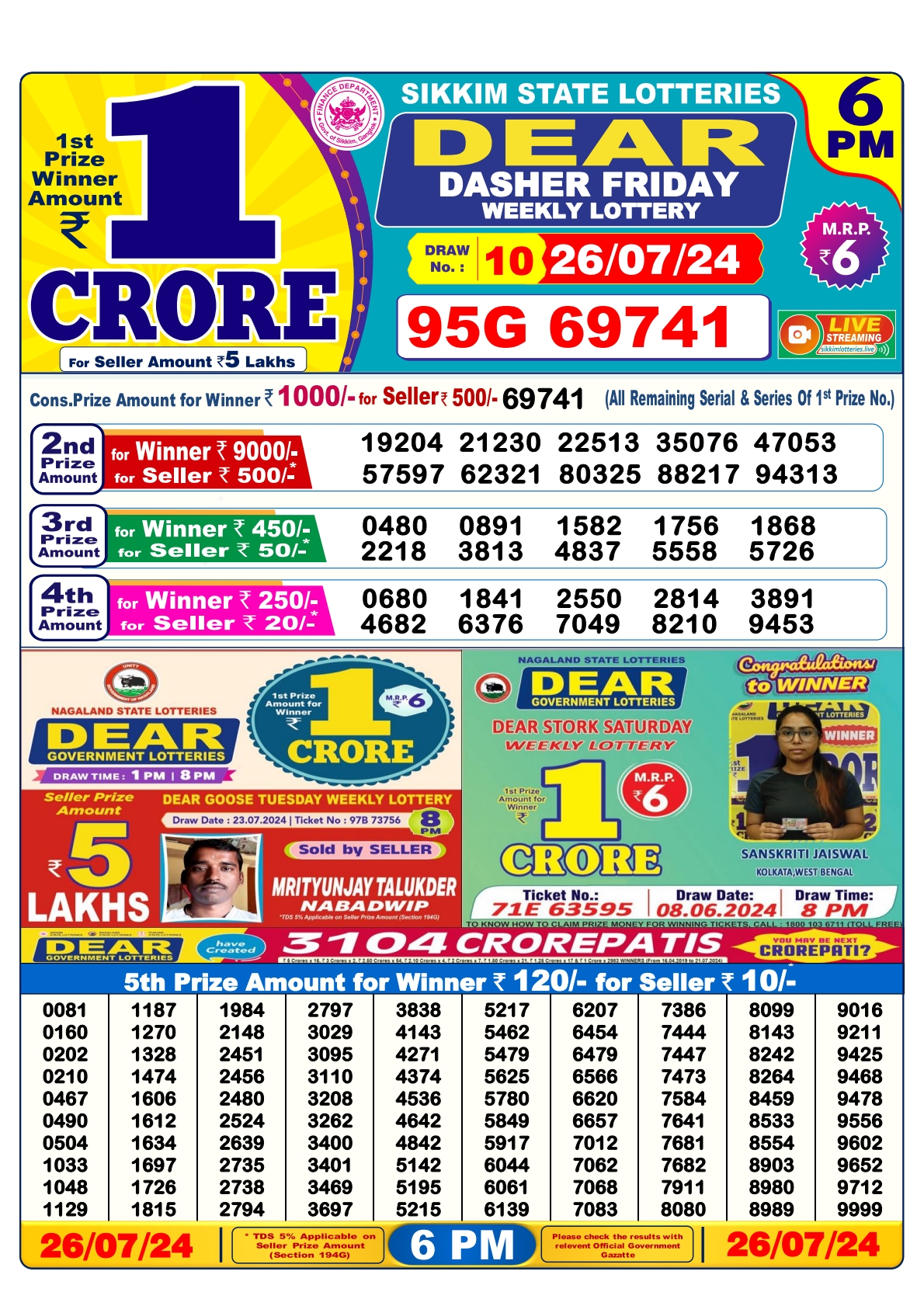 Dear lottery result 6pm result 26july 24