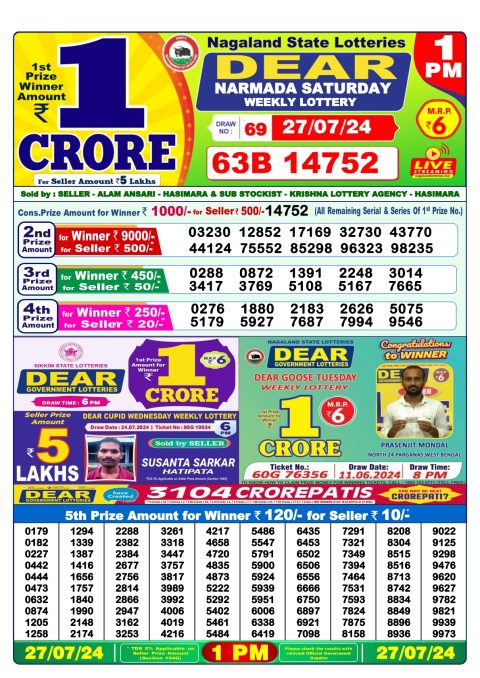 Lottery Sambad Today Result|Dear  Lottery 1PM Result 27 july 24