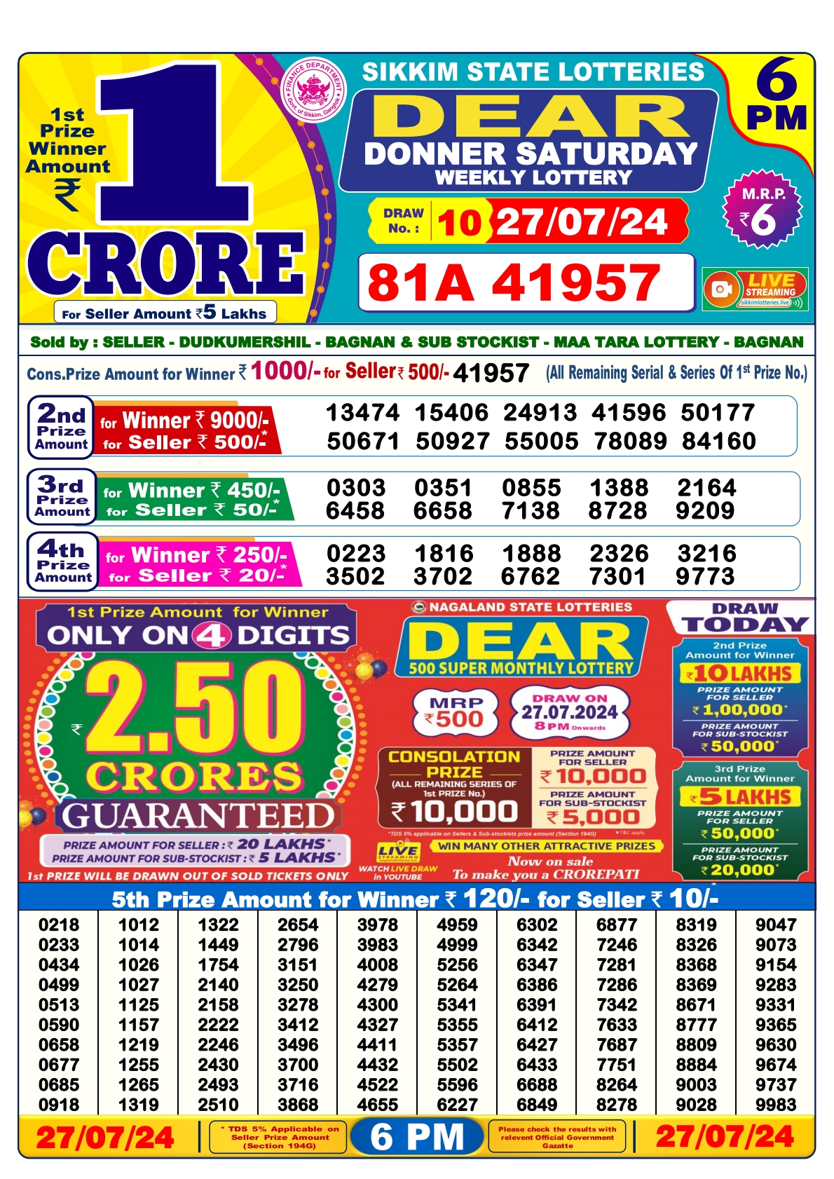 Dear lottery result 6pm result 27july 24