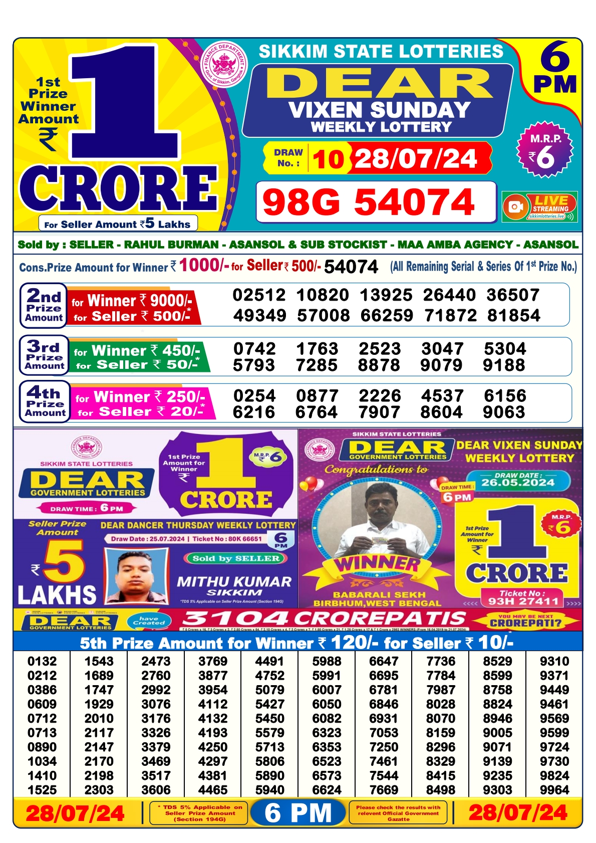 Dear lottery result 6pm result 28july 24