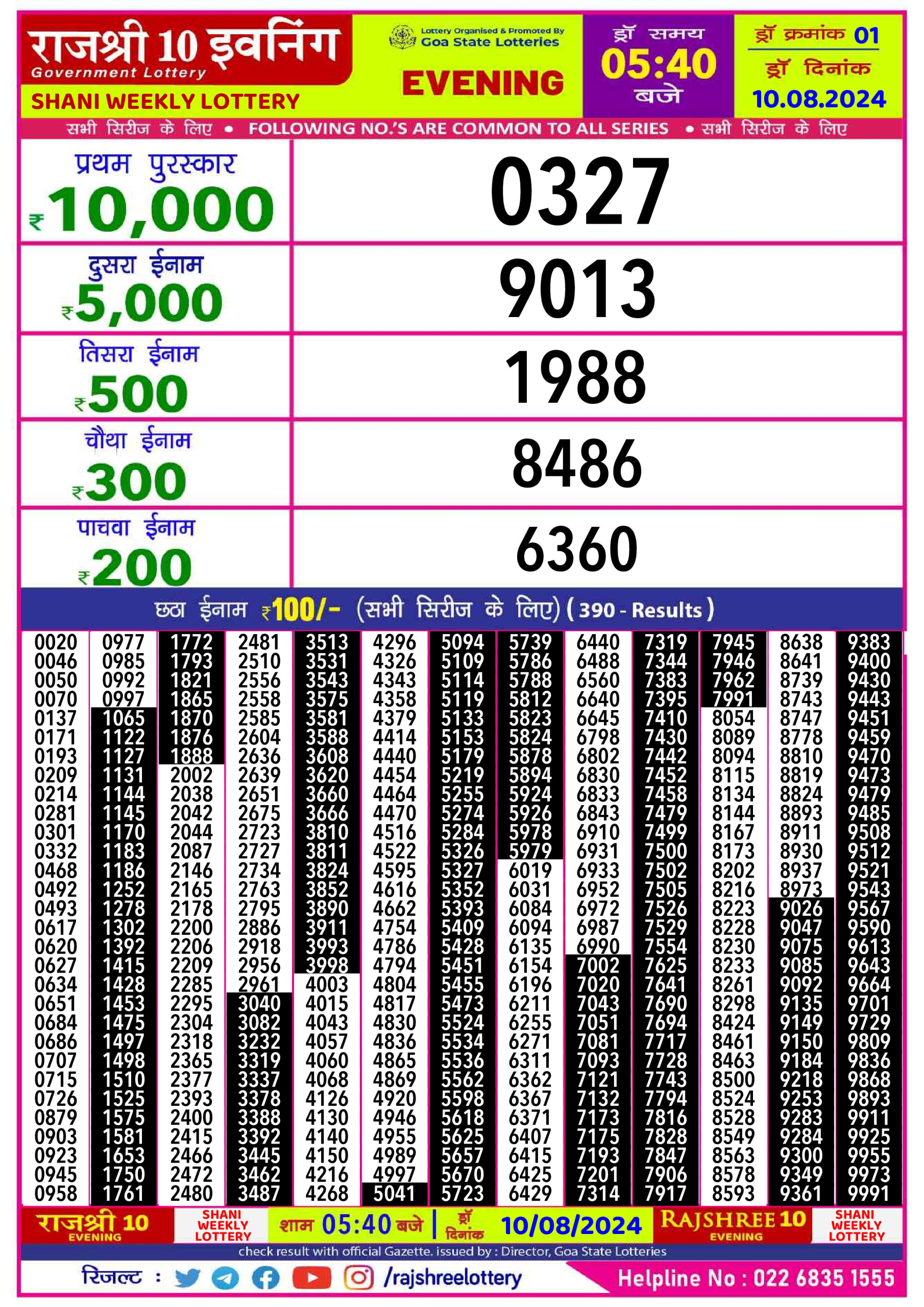 Rajshree10 Daily Lottery 5:40PM Result 10 aug 24