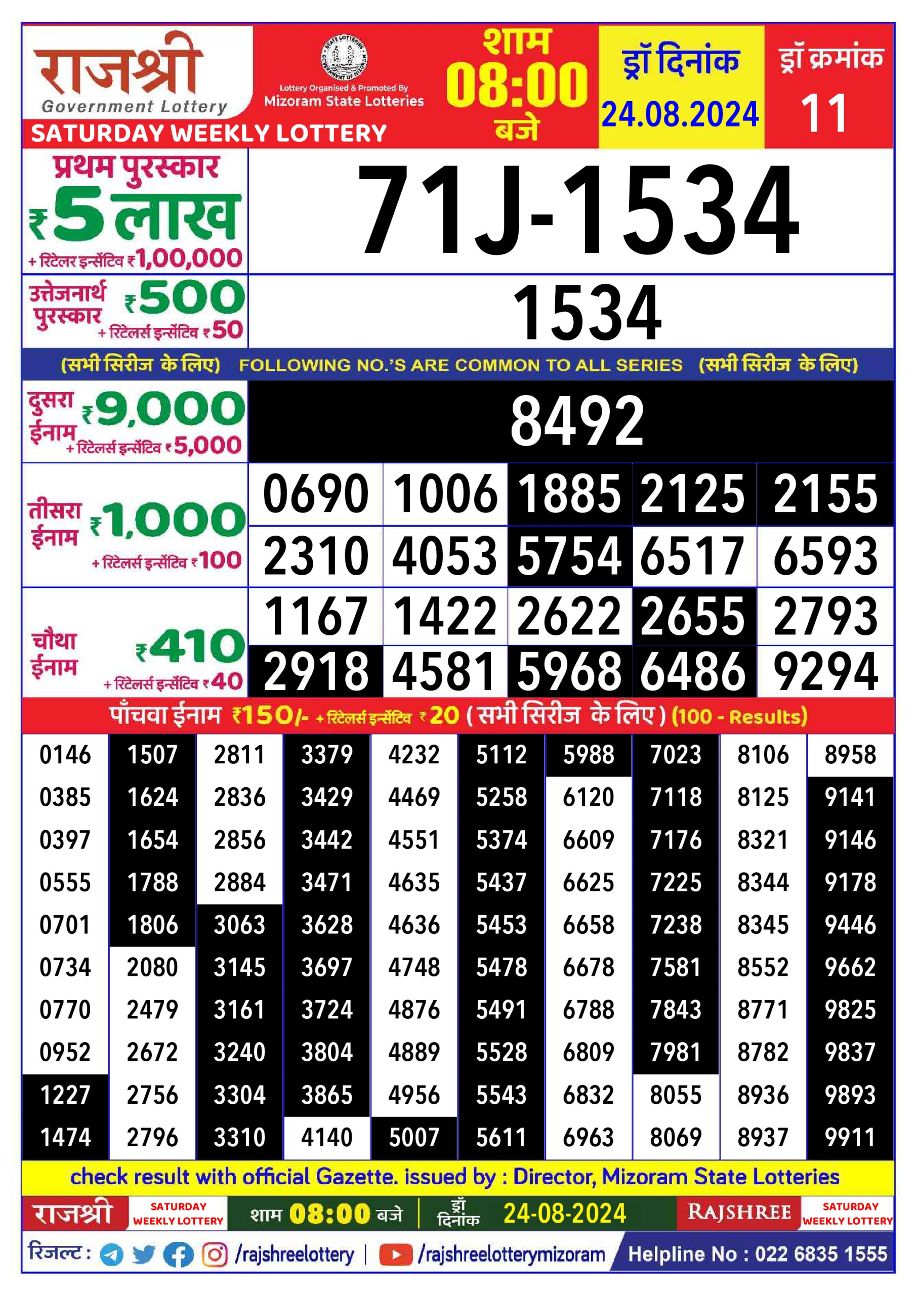 Rajshree  Daily Lottery 8PM Result 24 aug 24