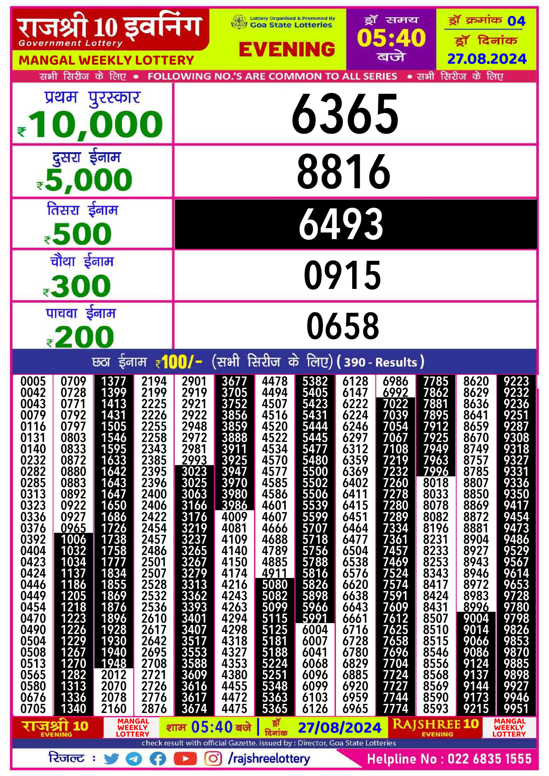 Rajshree10 Daily Lottery 5:40PM Result 27aug 24