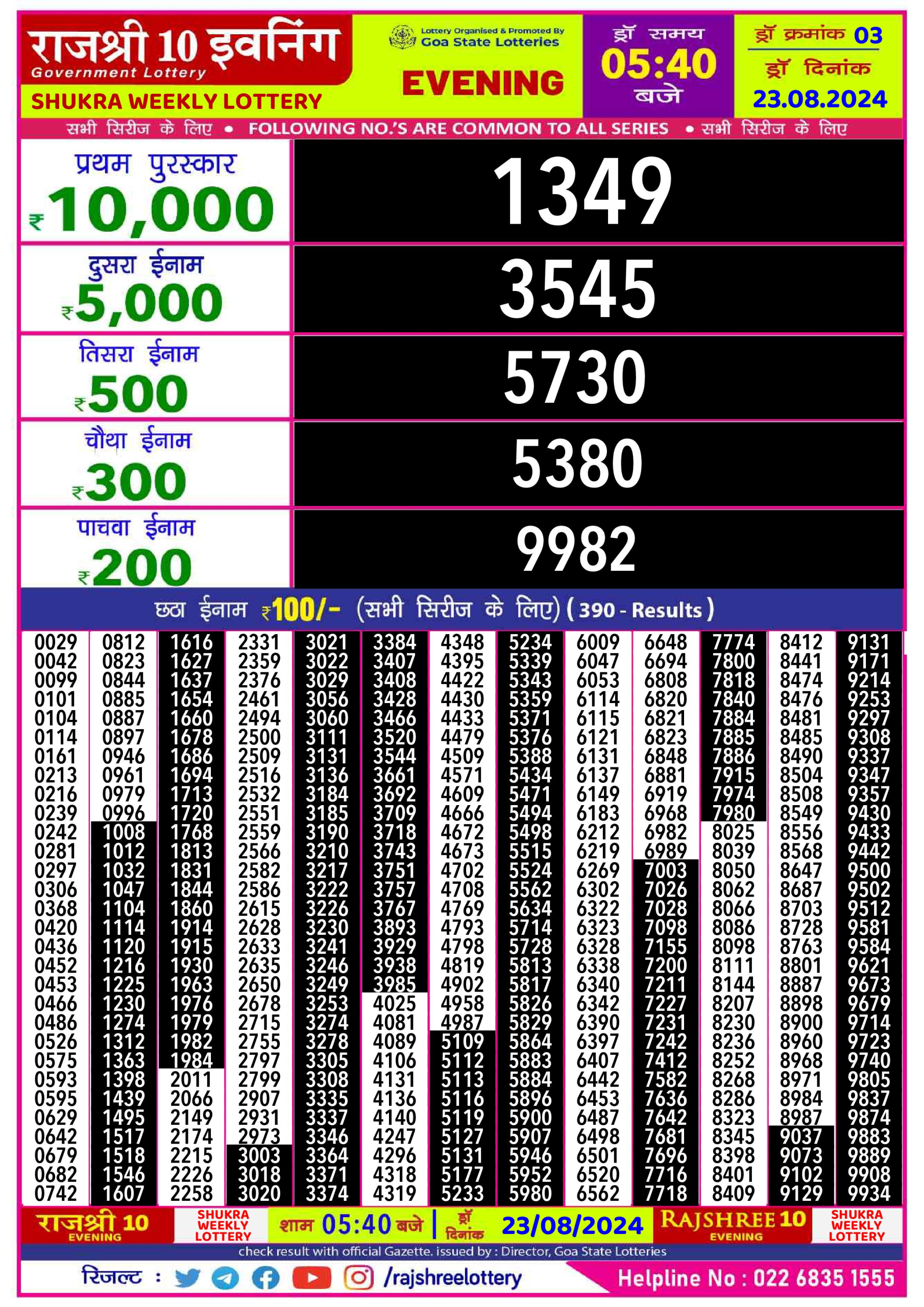 Rajshree10 Daily Lottery 5:40PM Result 23aug 24