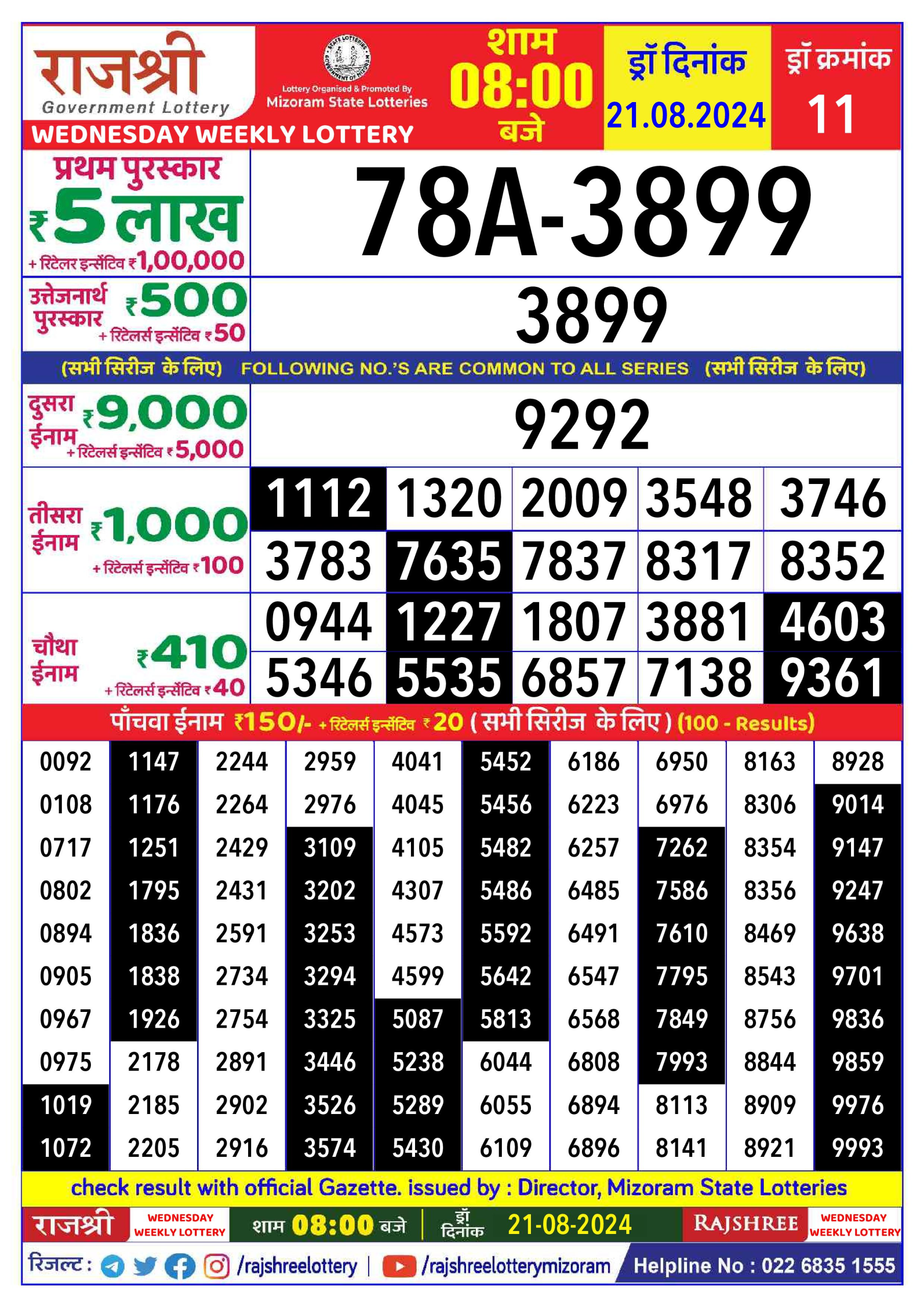 Rajshree  Daily Lottery 8PM Result 21 aug 24