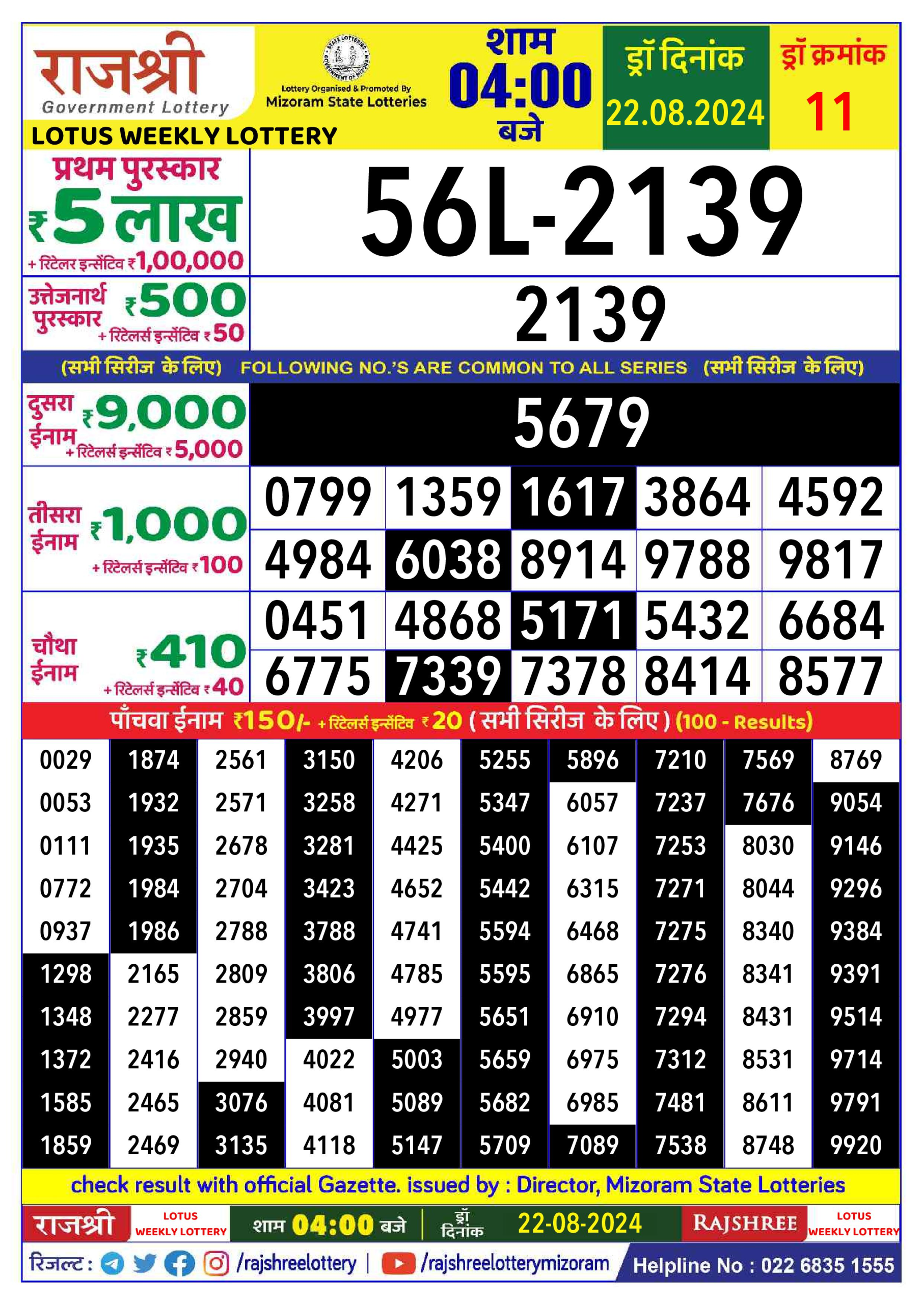 Rajshree  Daily Lottery 4PM Result 22 aug 24