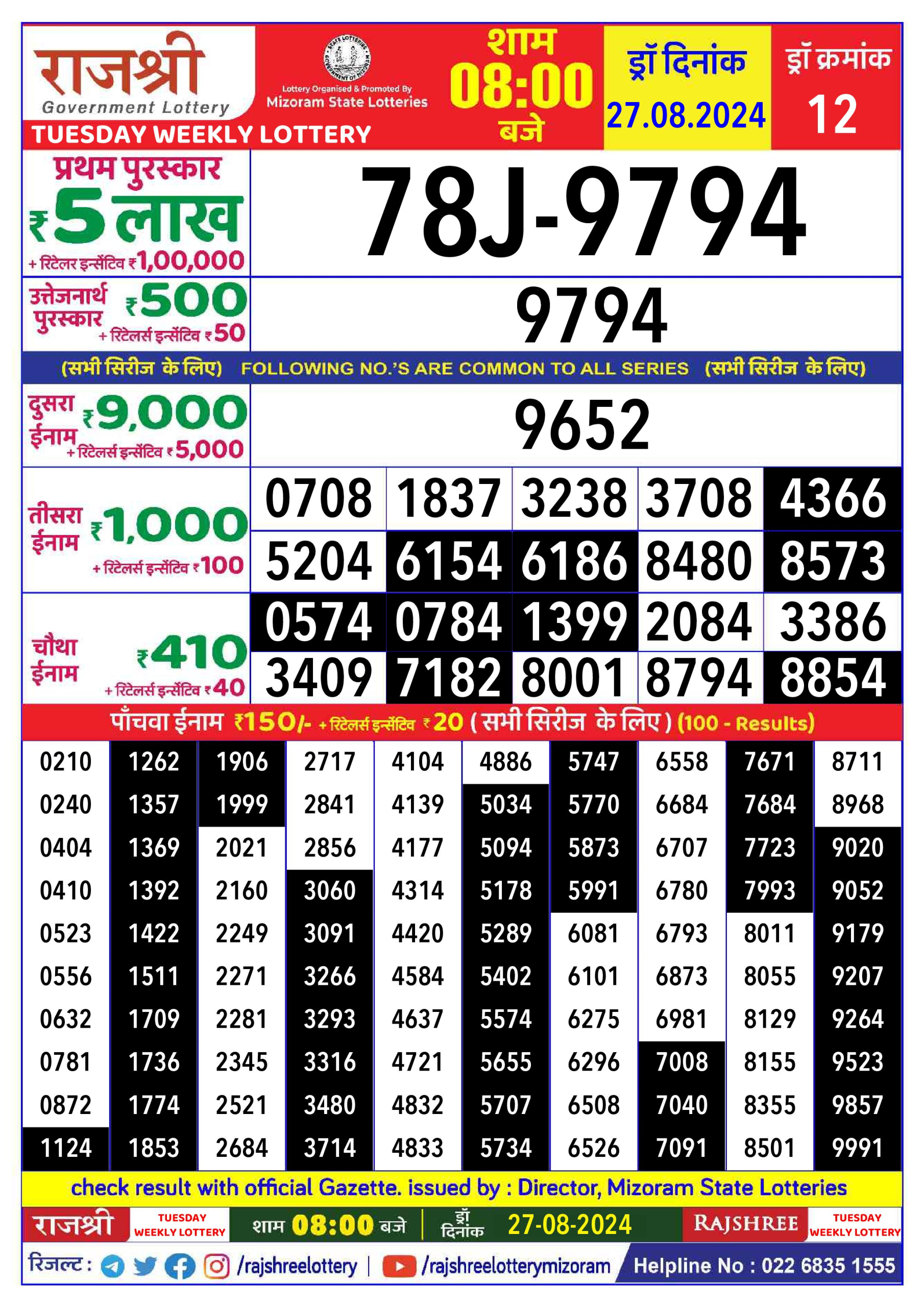 Rajshree  Daily Lottery 8PM Result 27 aug 24