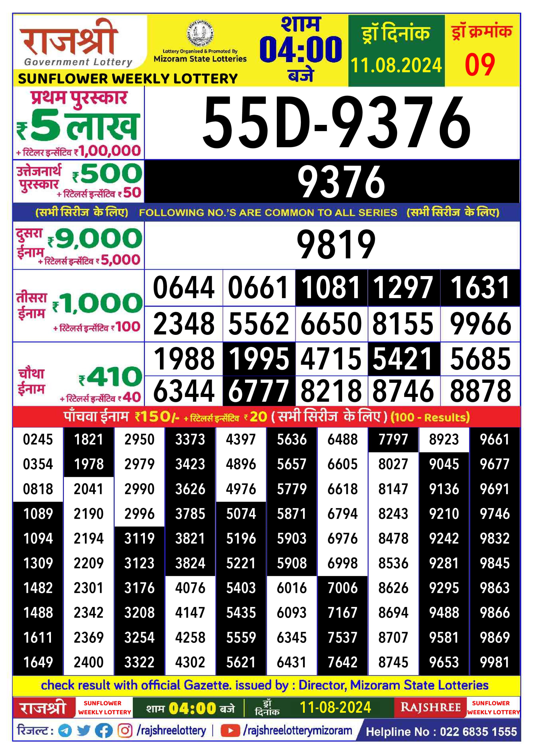 Rajshree  Daily Lottery 4PM Result 11 aug 24