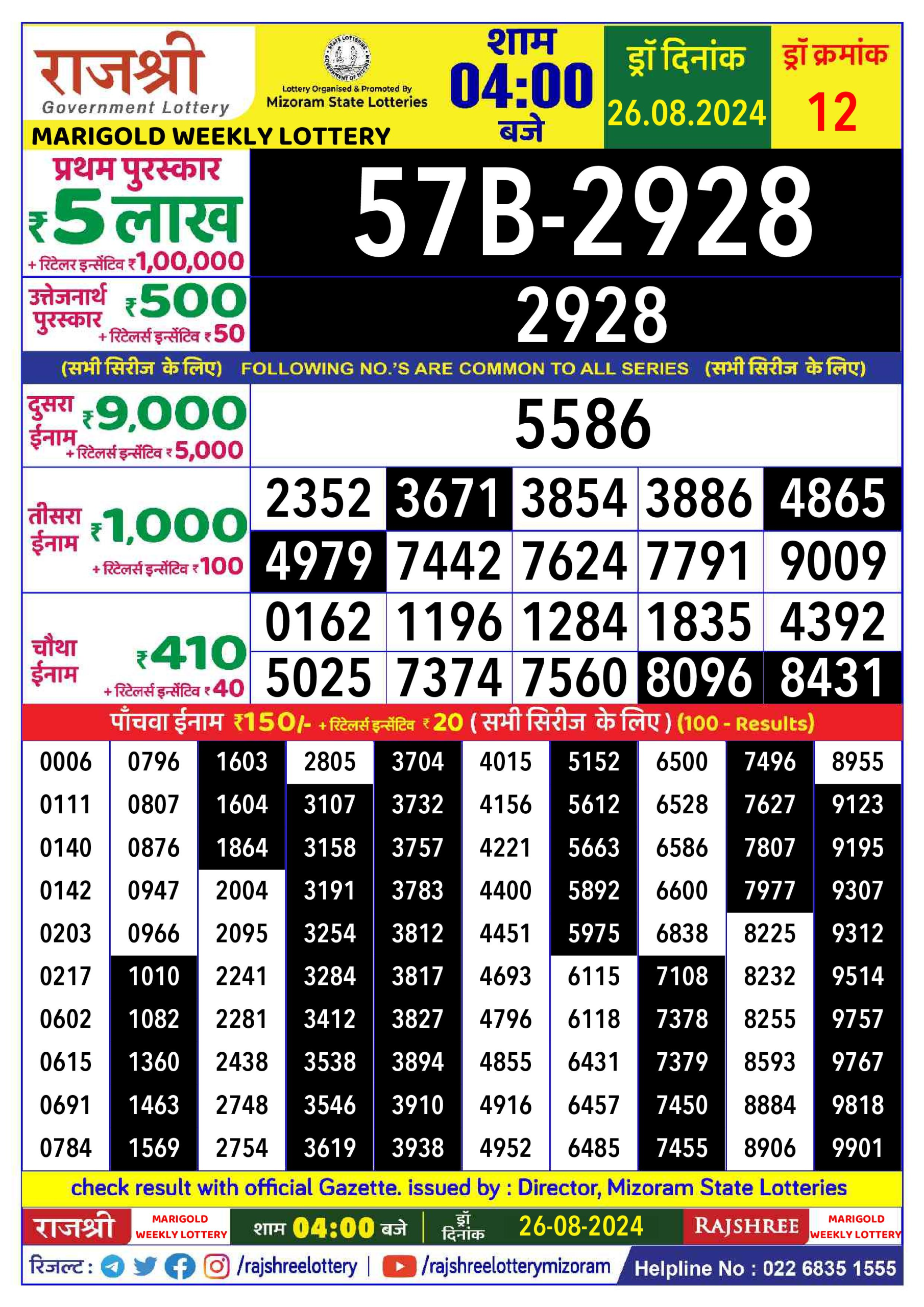 Rajshree  Daily Lottery 4PM Result 26 aug 24