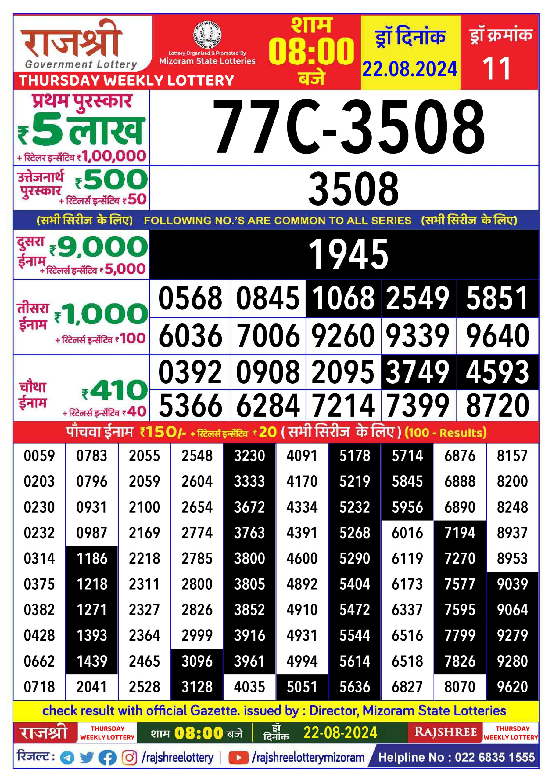 Rajshree  Daily Lottery 8PM Result 22 aug 24