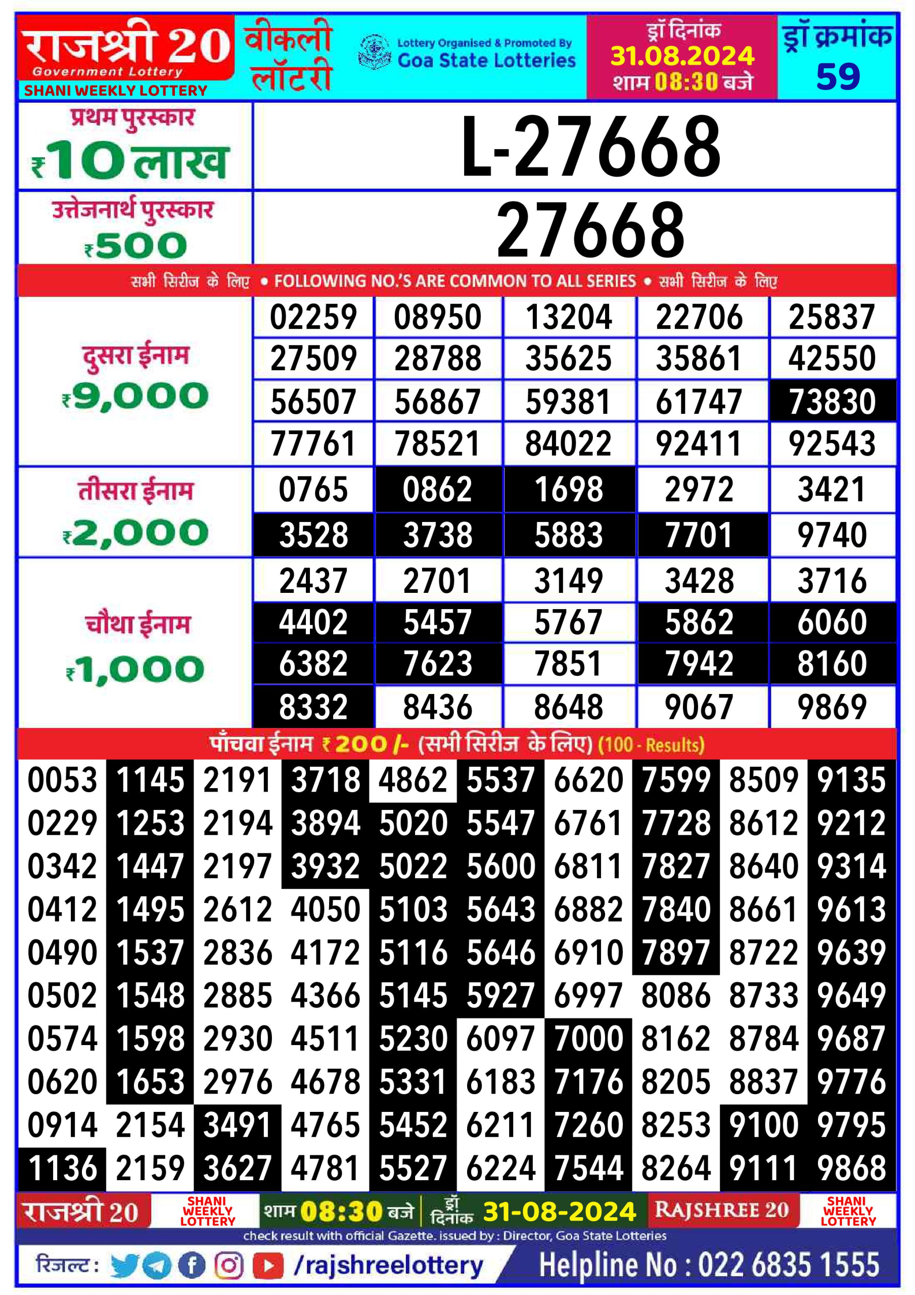 Rajshree 20 Lottery Result 8:30PM 31.08.24