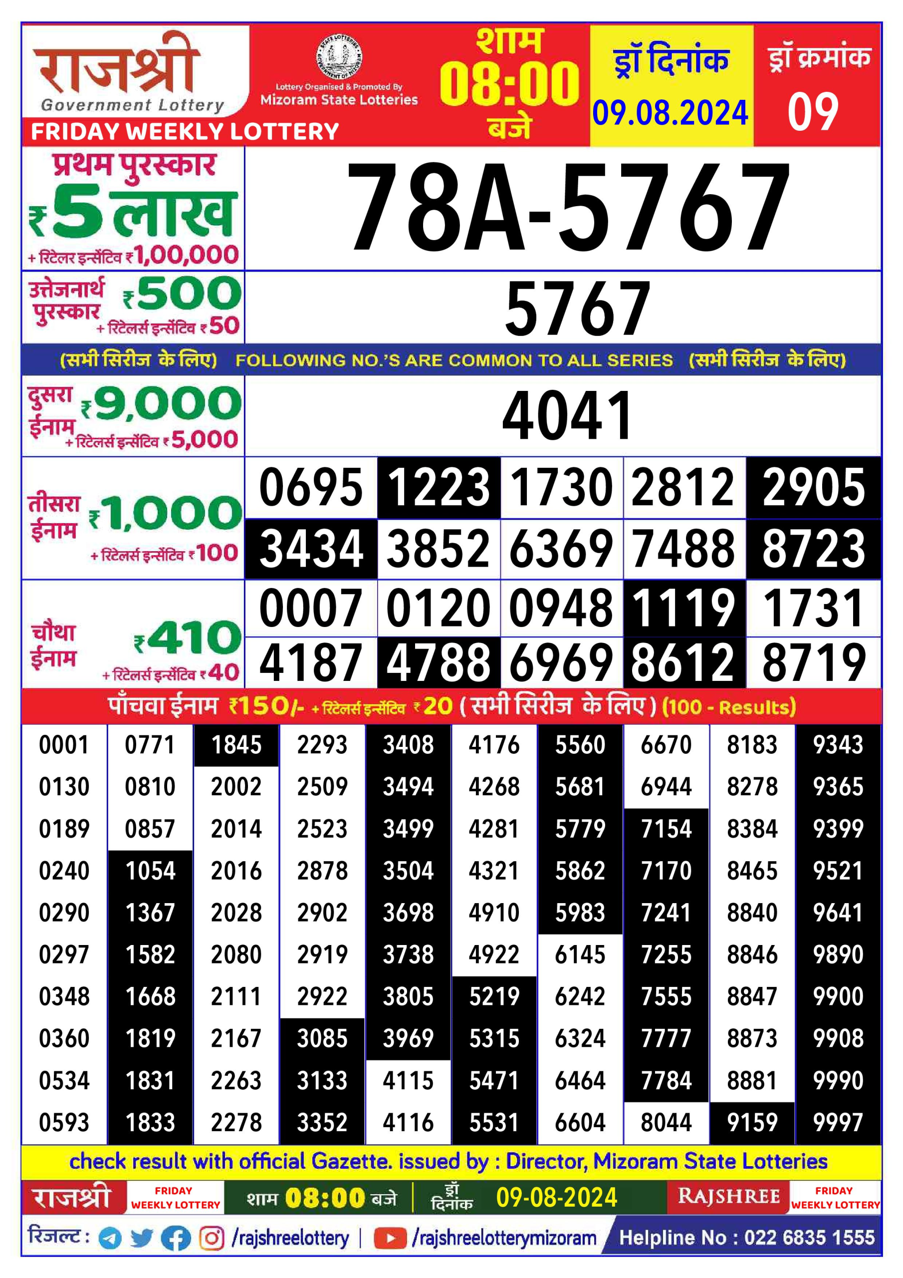 Rajshree  Daily Lottery 8PM Result 9 aug 24