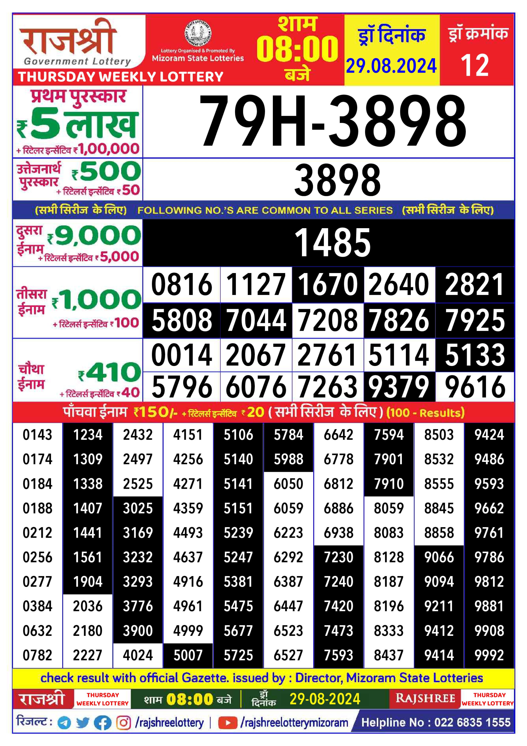 Rajshree  Daily Lottery 8PM Result 29 aug 24