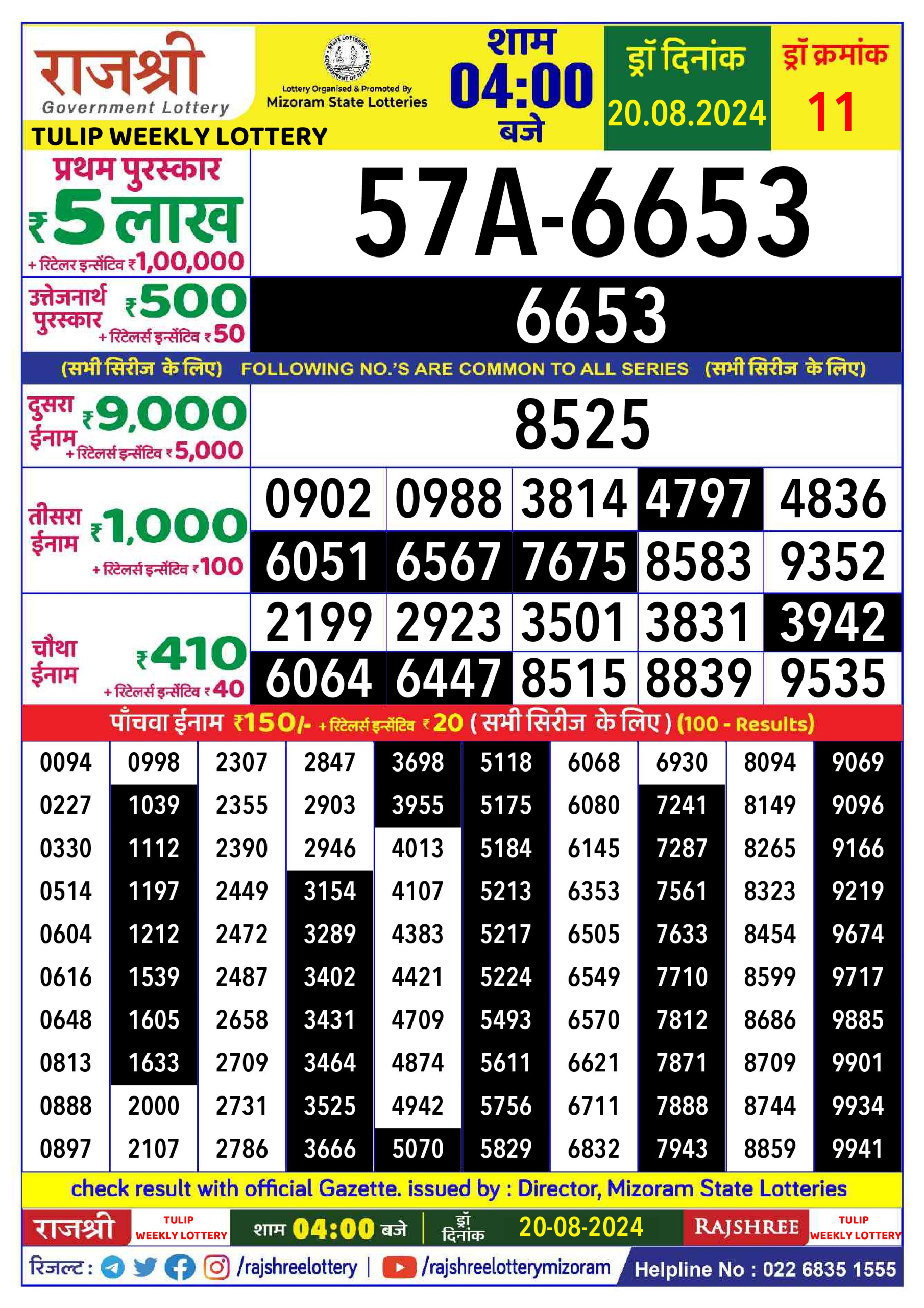 Rajshree  Daily Lottery 4PM Result 20 aug 24