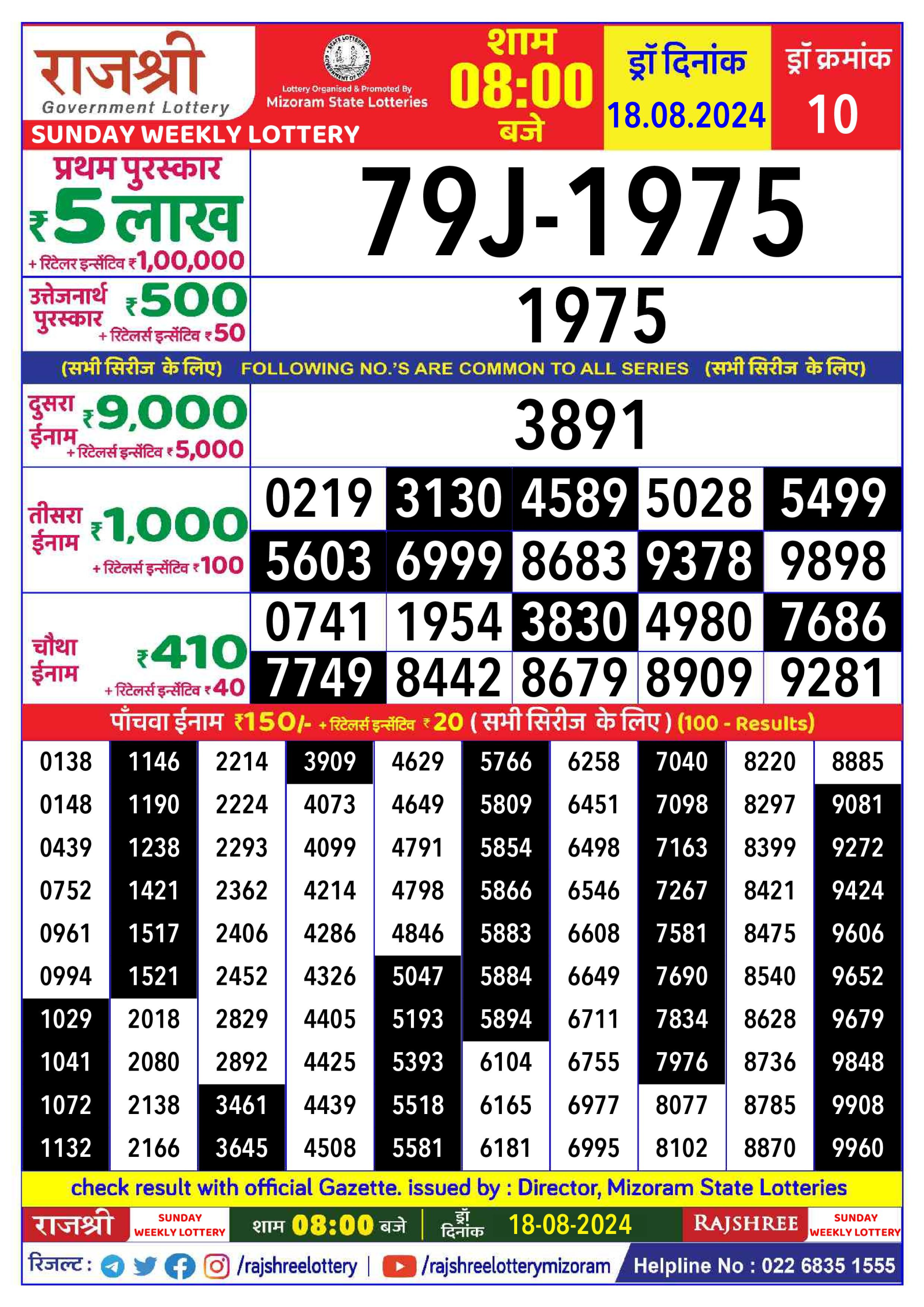 Rajshree  Daily Lottery 8PM Result 18 aug 24