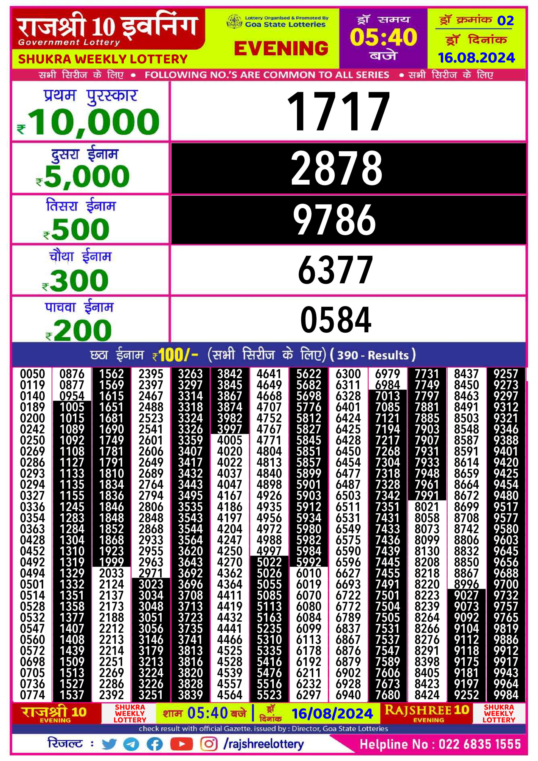 Rajshree10 Daily Lottery 5:40PM Result 16 aug 24