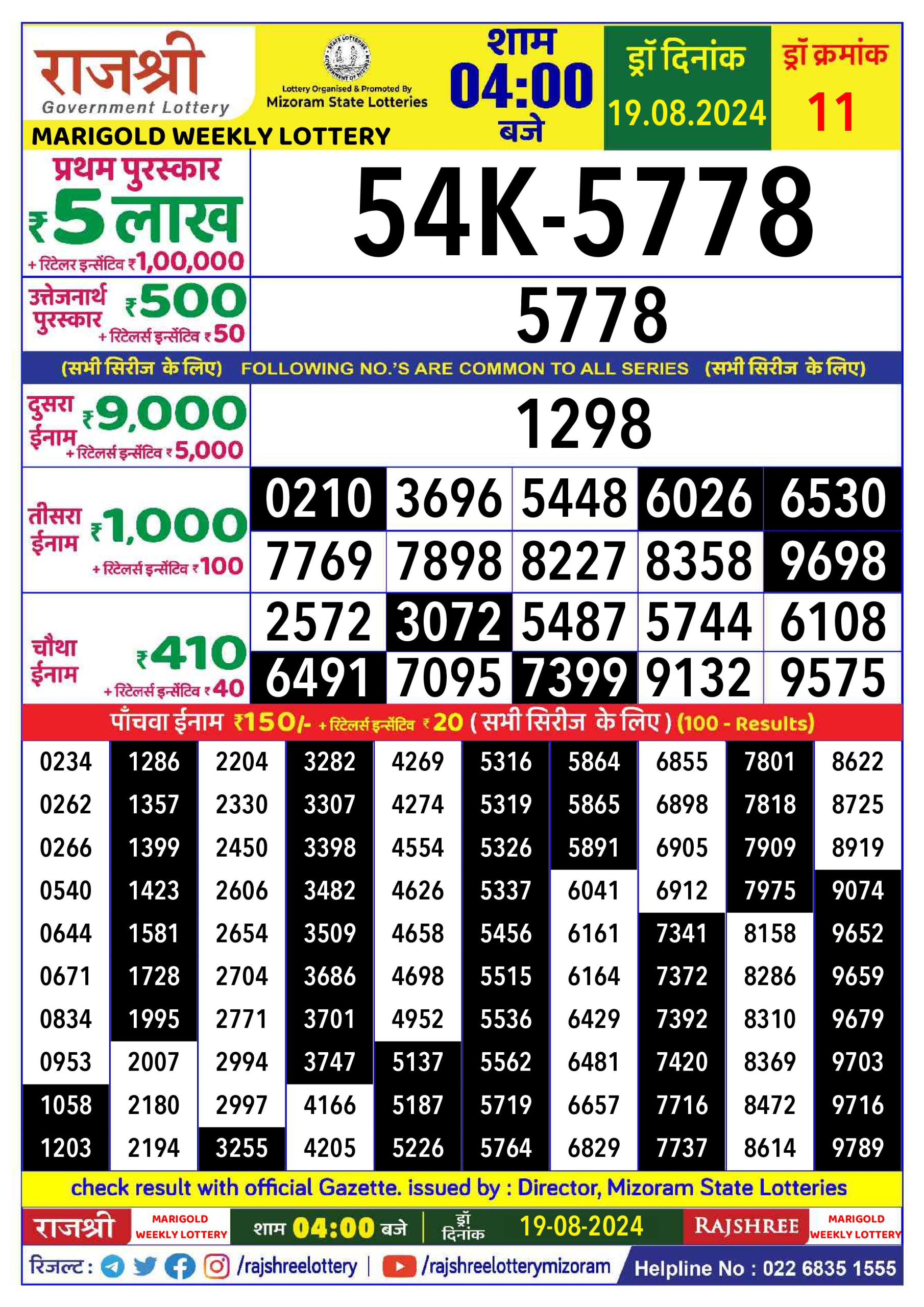 Rajshree  Daily Lottery 4PM Result 19 aug 24