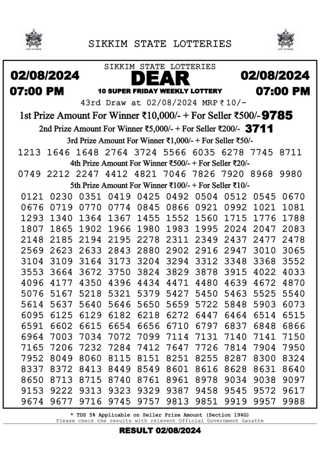 Dear10 Lottery Result 7PM 2.08.24