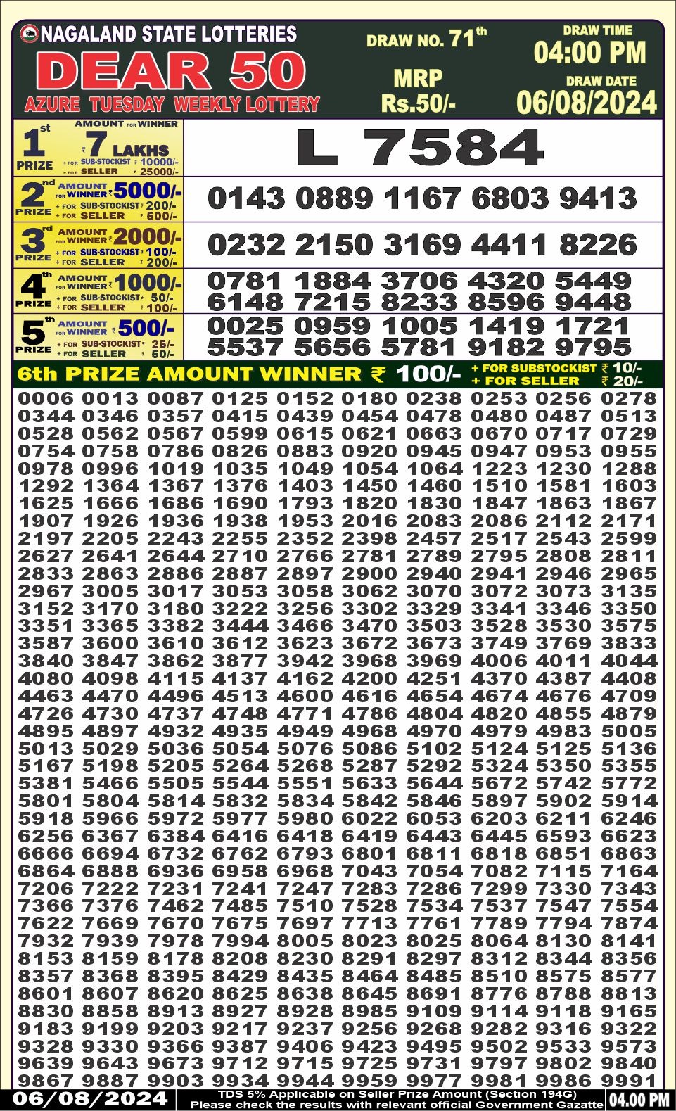 Dear 50  lottery 4pm result 6.8.24