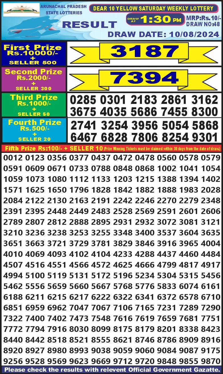 Dear 10  lottery 1:30pm result 10.8.24