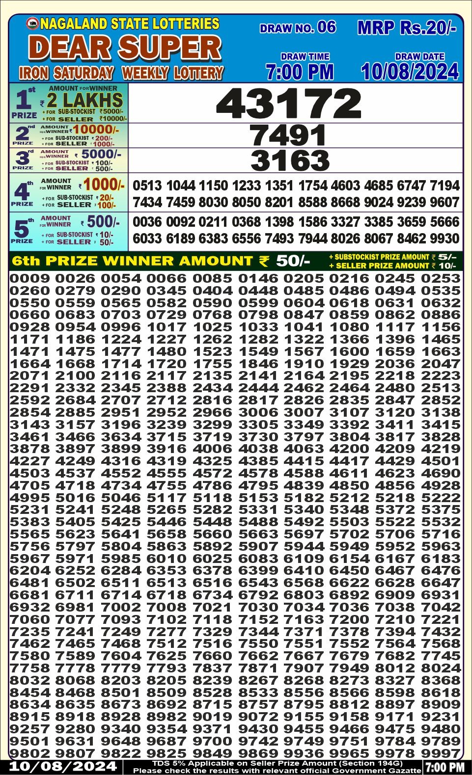 Dear super Lottery Result 7PM 10.08.24