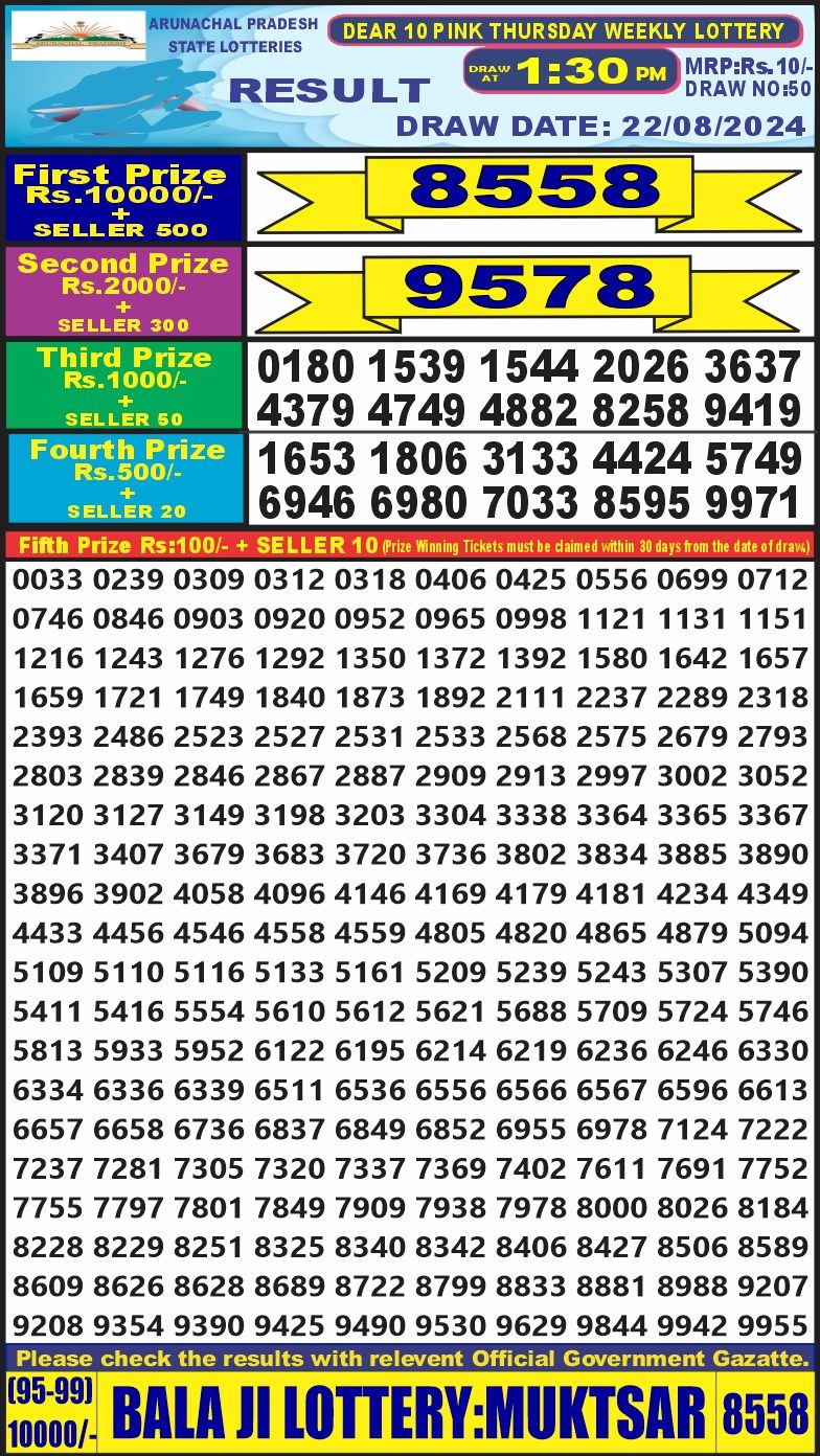 Dear 10  lottery 1:30pm result 22.8.24