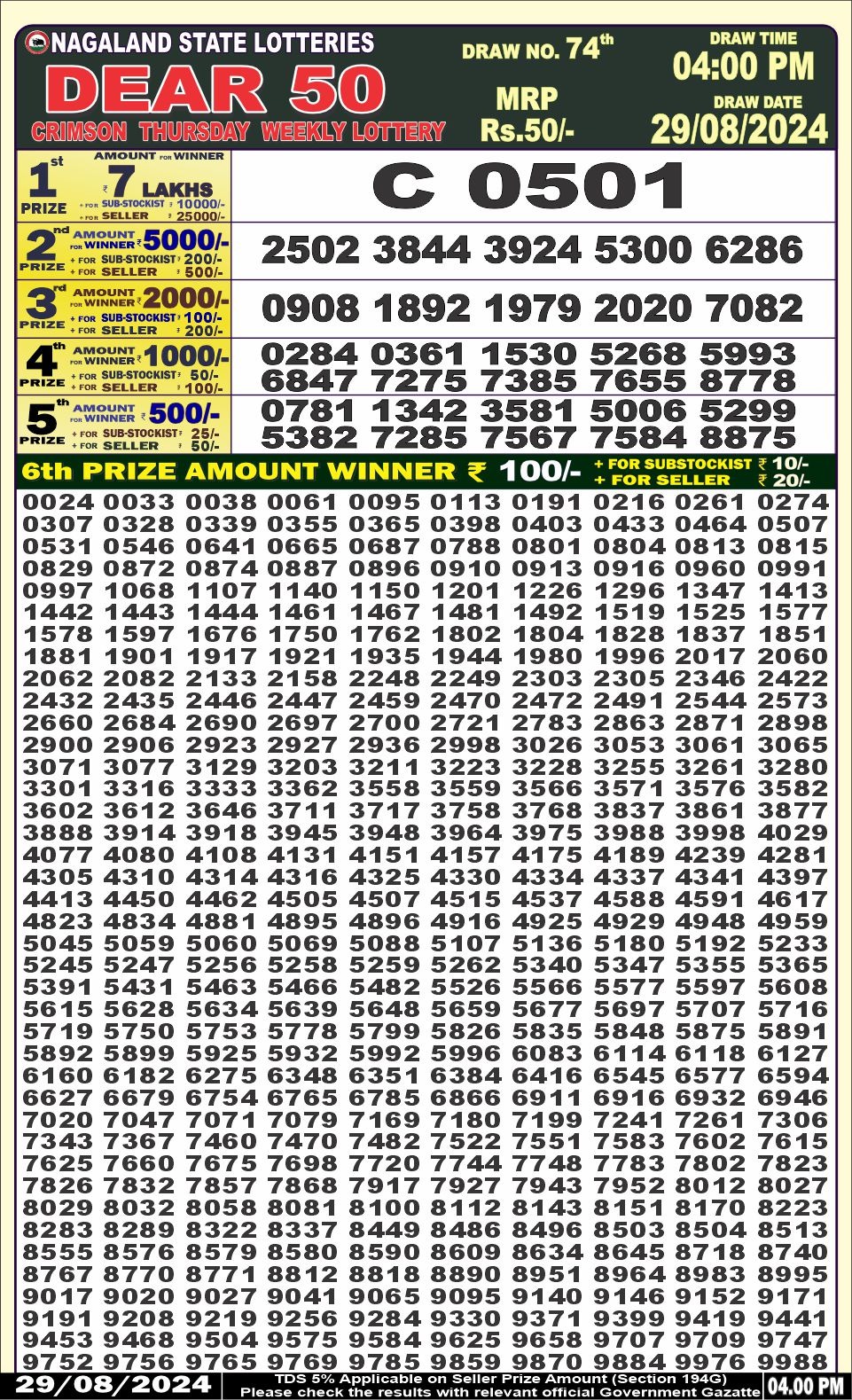 Dear 50 lottery 4pm result 29.8.24